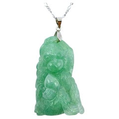 Pendentif en or blanc 18 carats, singe de la longévité certifié avec jade en jadéite pêche