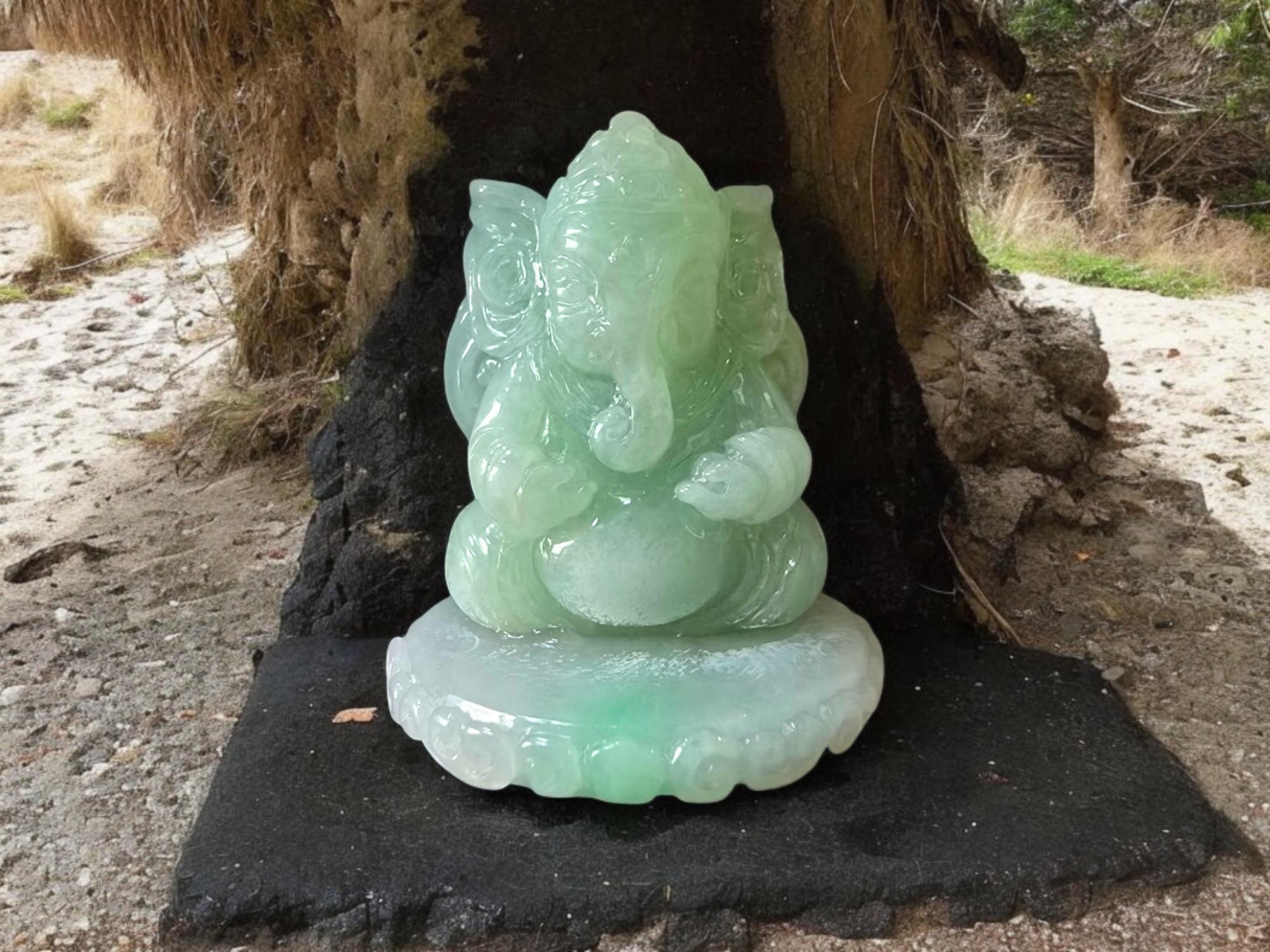Certified Lord Ganesha Imperial Burmese A-Jadeite Carved Figurine Ornament For Sale 2