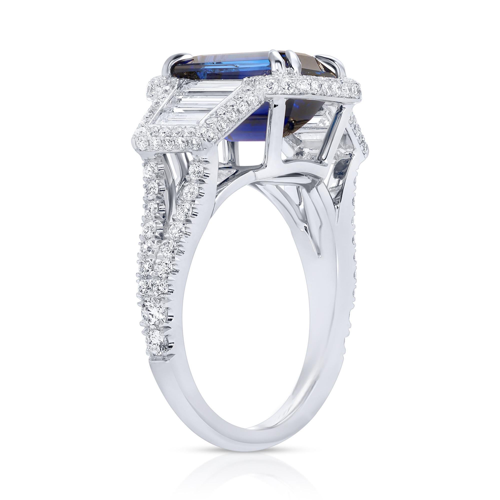 Emerald Cut Certified Madagascar Blue Sapphire Ring Diamond Setting 6.6 Carats 18K Gold For Sale