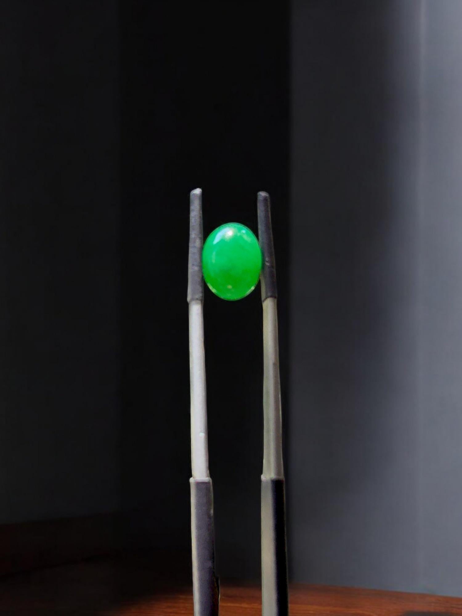 Women's or Men's Certified MADE IN JAPAN 5.841cts. Intense Green Burmese A-Jadeite Oval Cabochon For Sale