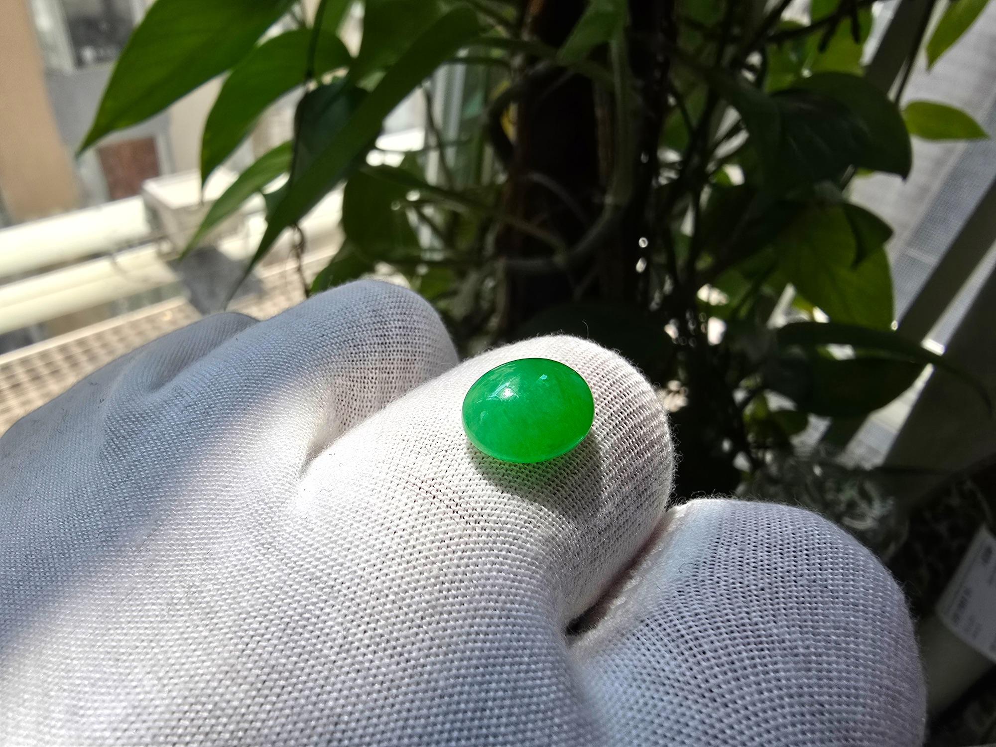 Certified MADE IN JAPAN 5.841cts. Intense Green Burmese A-Jadeite Oval Cabochon For Sale 3