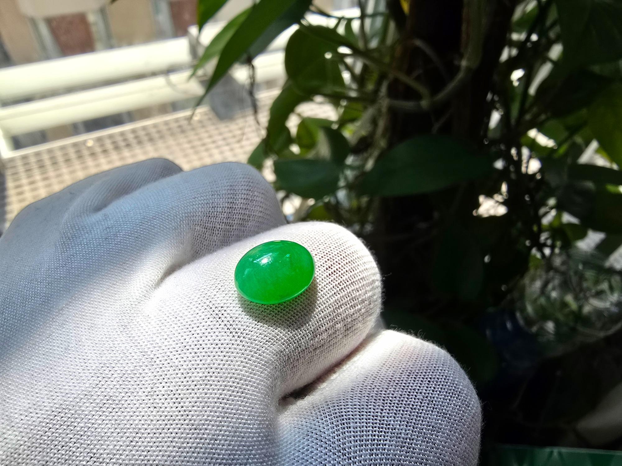 Certified MADE IN JAPAN 5.841cts. Intense Green Burmese A-Jadeite Oval Cabochon For Sale 5