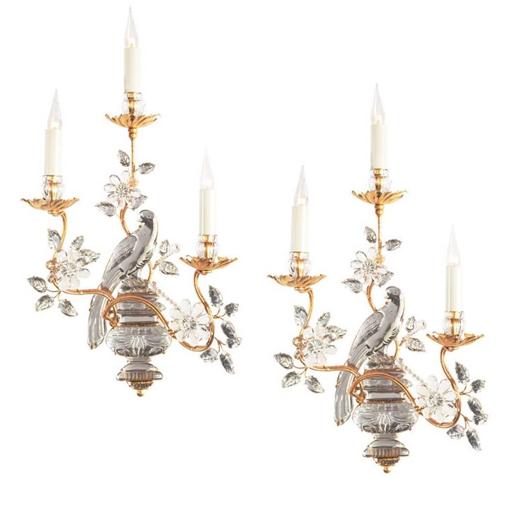 #10931 Maison Baguès crystal sconce, three-light. Gilt gold finish
Iron and crystal (UL listing available for an additional fee)
1930s style. Photos are of same design but not of sconces we are selling.
  