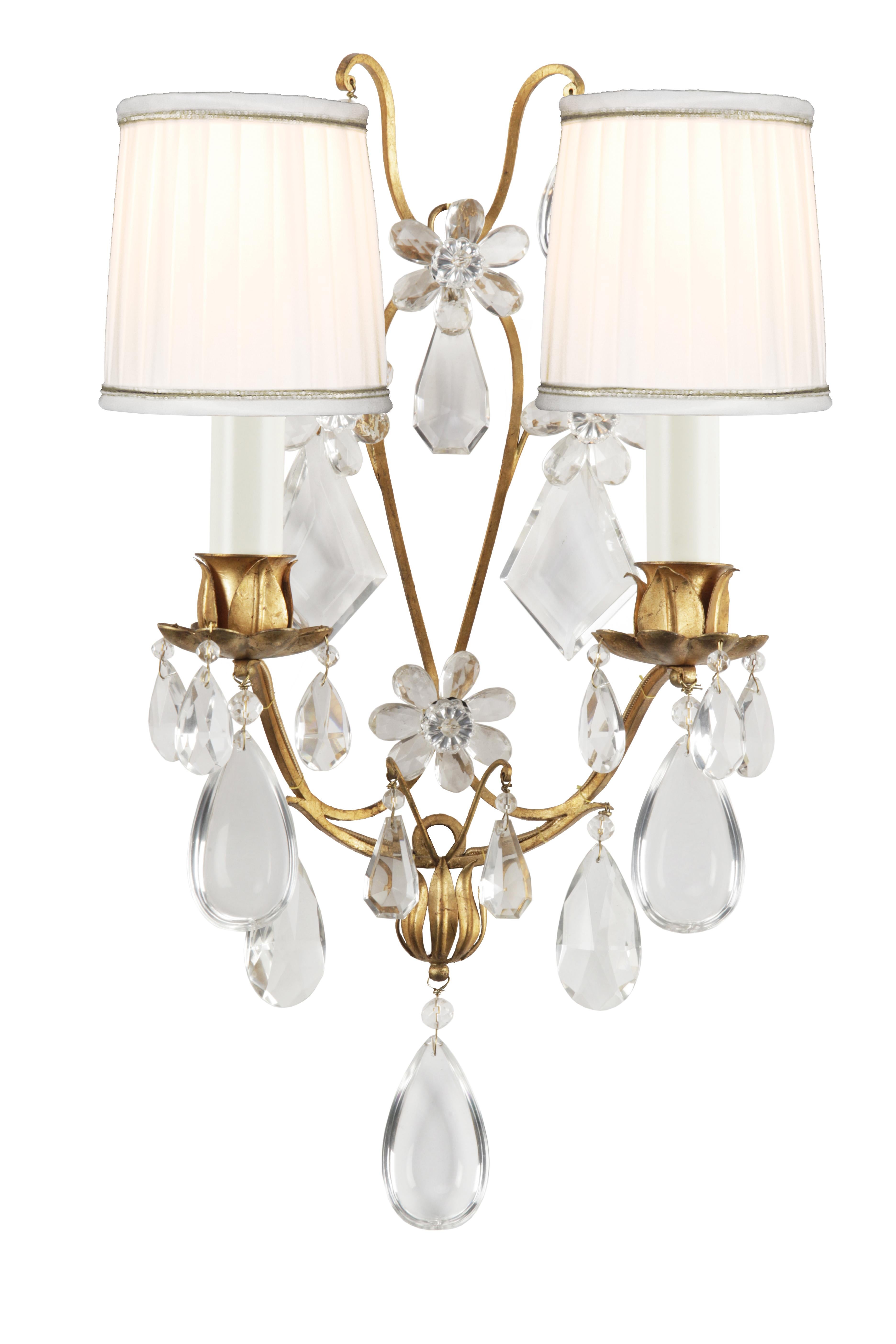 AP-FE-07127-02 Maison Baguès wall sconce 2 lights
Gold or silver gilding
Fine ironwork and crystal

Can be UL listed for an extra fee.
Shades are available. 
Can be sold single (1) sconce or as a pair (2). 

Please note that we are the