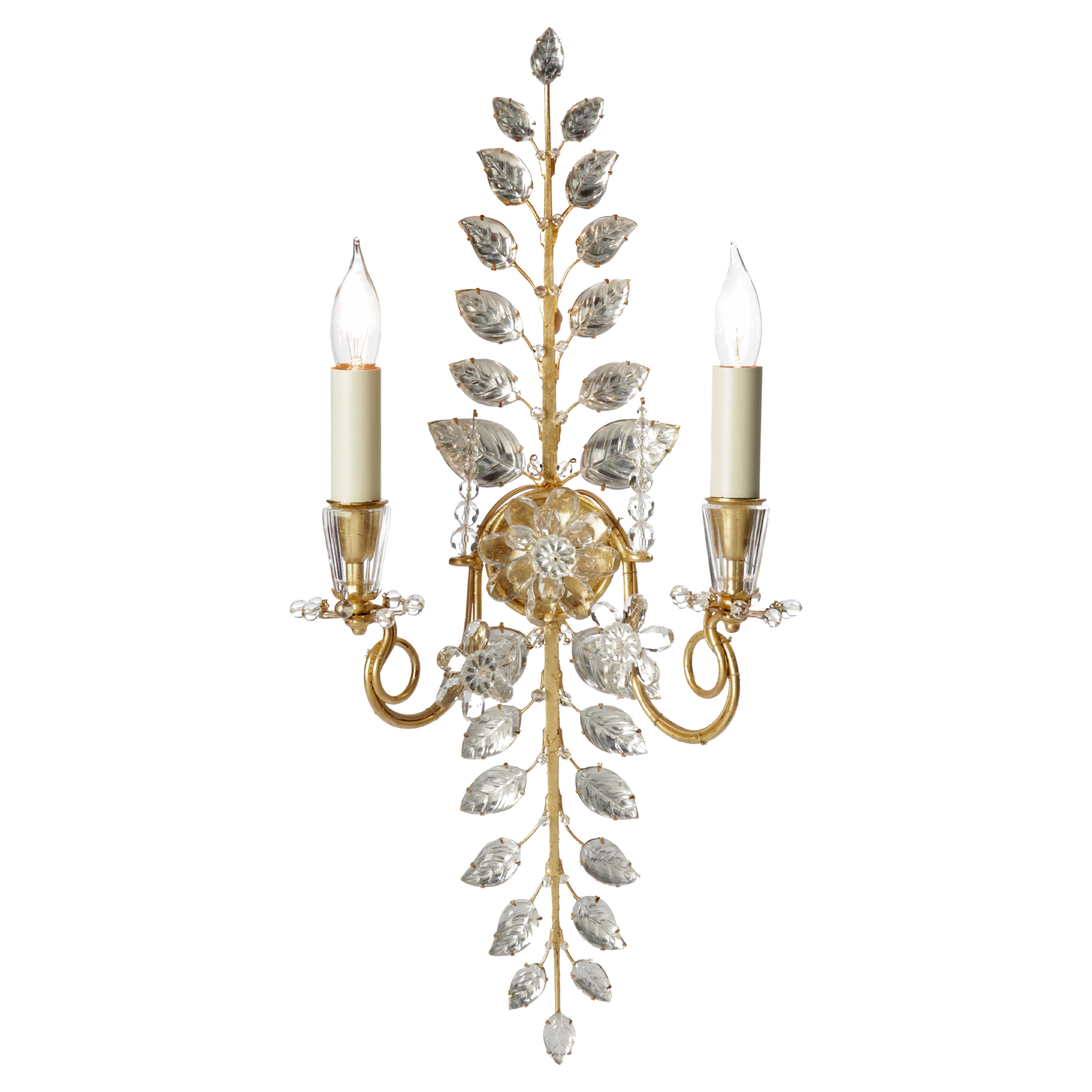 #11170-02 Maison Baguès wall sconce 2 lights
Gold or silver gilding
Fine ironwork and crystal

Can be UL listed for an extra fee.
Shades are available. Contact us for options and pricing.
Can be sold single (1) sconce or as a pair (2). 

PLEASE NOTE