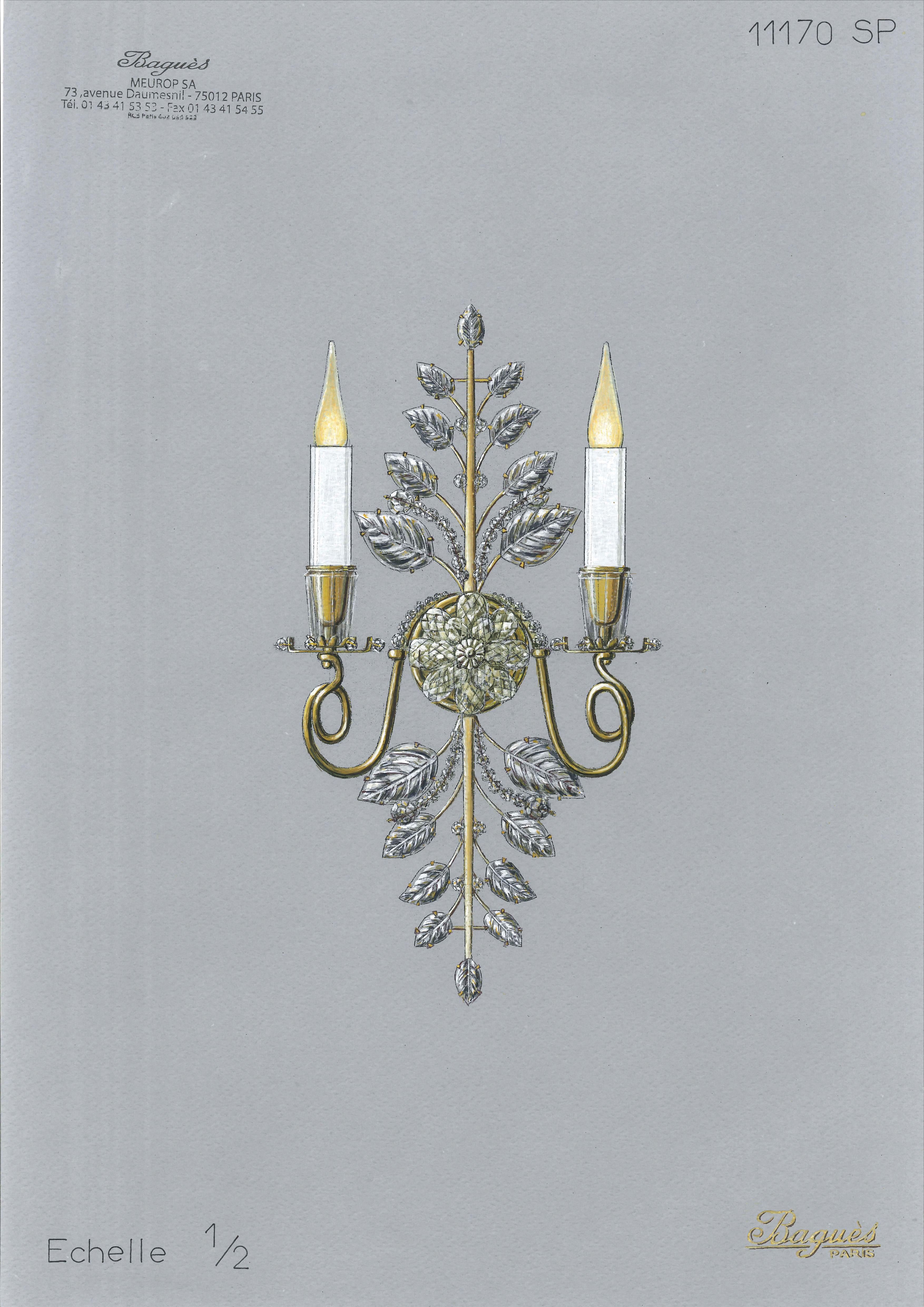 French Certified Maison Bagues Sconce, Iron and Crystal 2 Lights #11170 For Sale