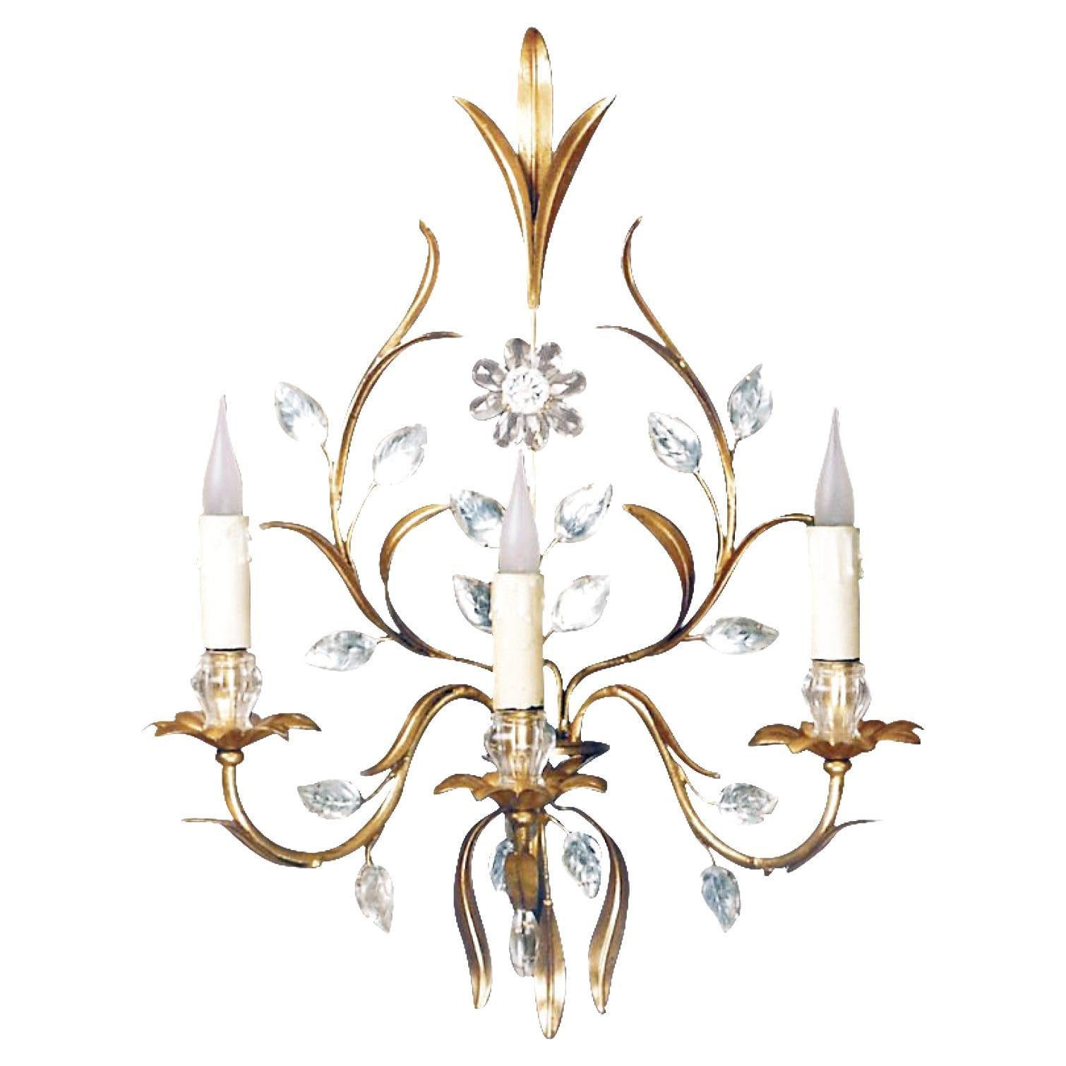 Certified Maison Bagues Sconce, Iron and Crystal 3 Lights #00171 For Sale