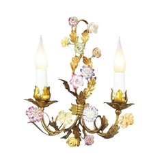 Certified Maison Bagues Sconce, Iron and Sax Porcelain Flowers 2 Lights #08672