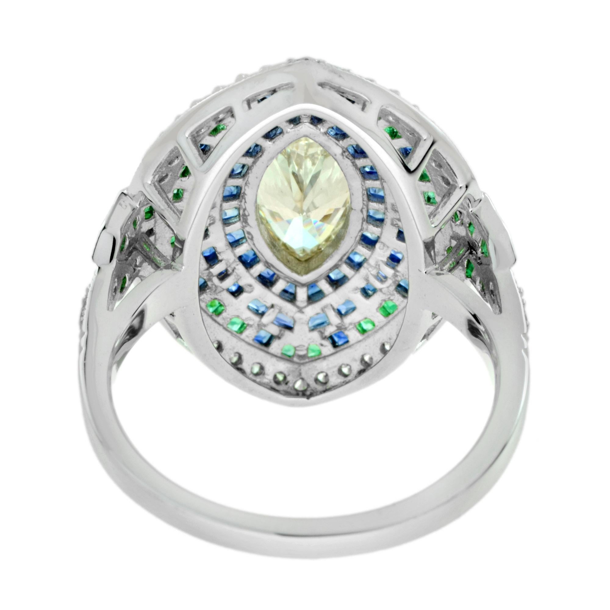 Bague halo de style Art déco en diamant marquise certifié, émeraude et saphir Neuf à Bangkok, TH