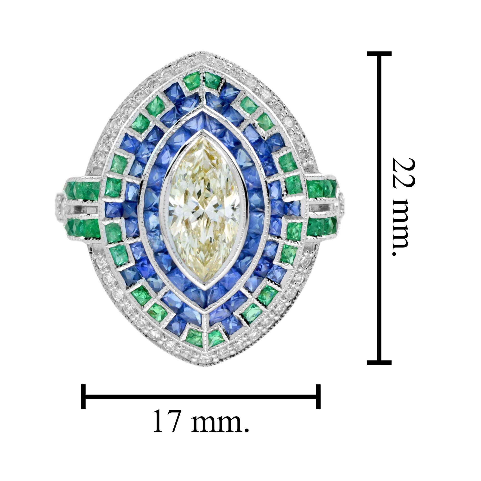 Bague halo de style Art déco en diamant marquise certifié, émeraude et saphir 1