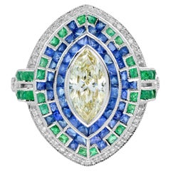 Bague halo de style Art déco en diamant marquise certifié, émeraude et saphir
