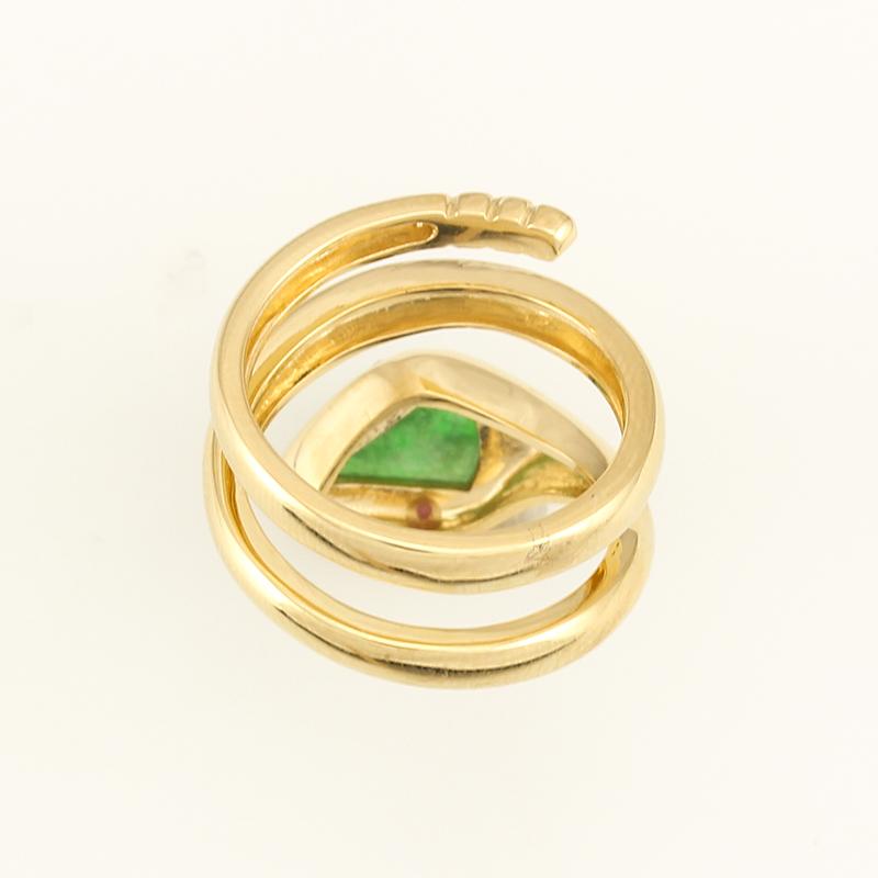 What a special Designer Mason-Kay Piece! Make sure you see it's matching snake bracelet.

This 18K yellow gold triple swirl snake ring (two swirls on the inside, but three on the front) features a highly translucent flat natural green jadeite jade