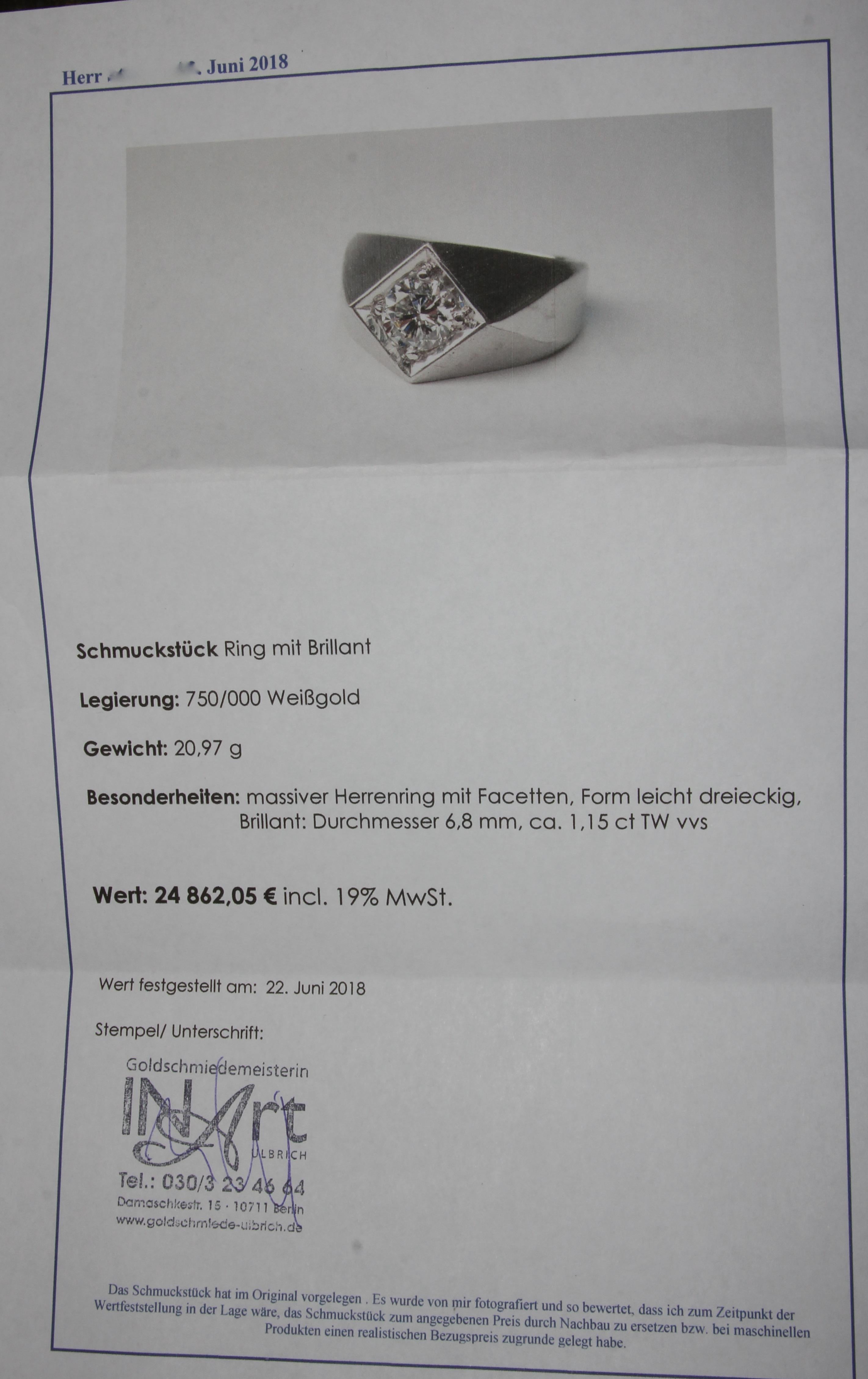 Certified, Massive Men's Ring with 1.15 Carat Solitaire Diamond, 18 Karat Gold 2