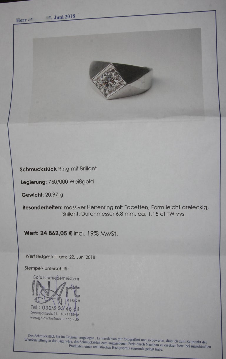 Certified, Massive Men's Ring with 1.15 Carat Solitaire Diamond, 18 Karat  Gold at 1stDibs