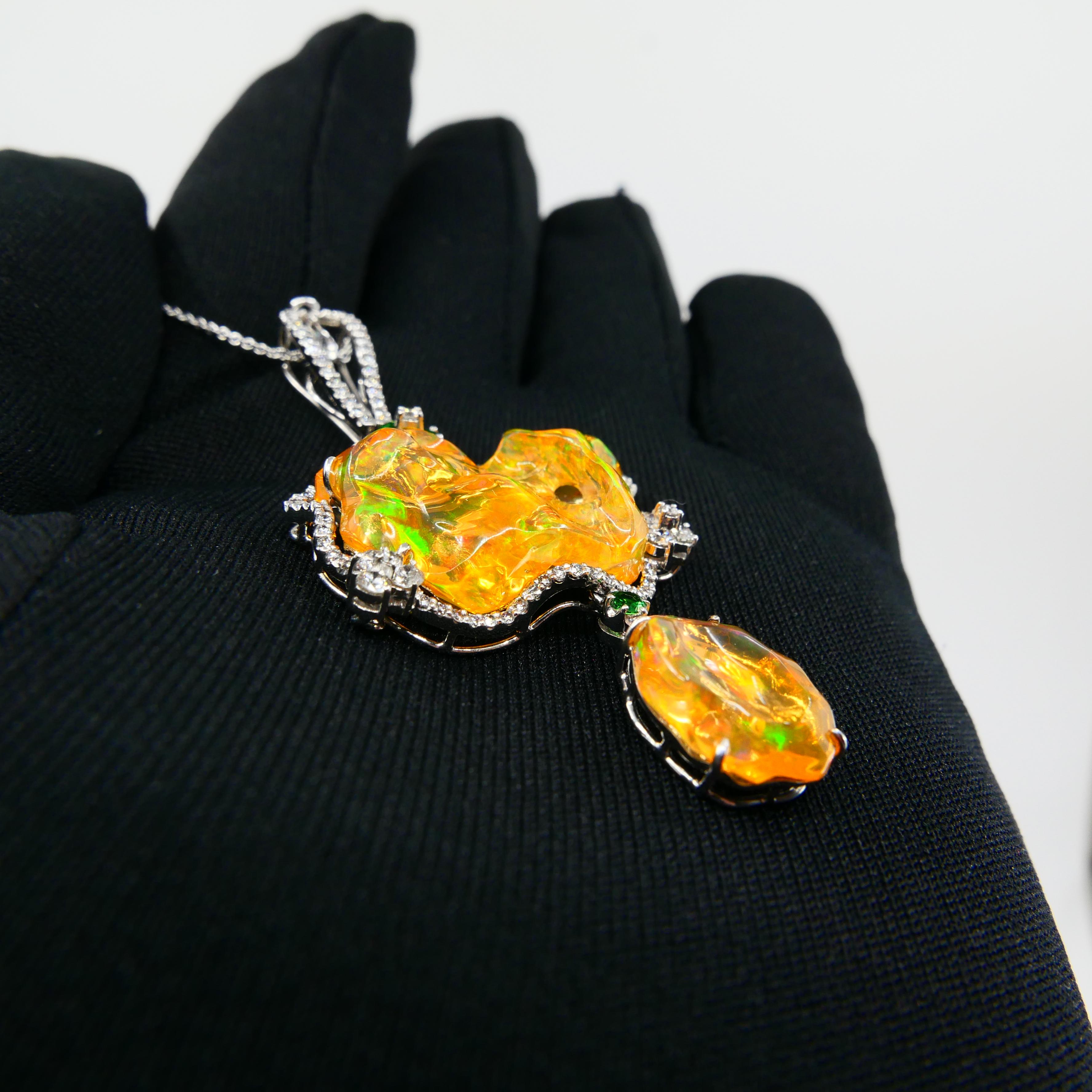 Certified Mexican Fire Opal, Tsavorites, & Diamond Pendant, Superb Play of Color For Sale 4
