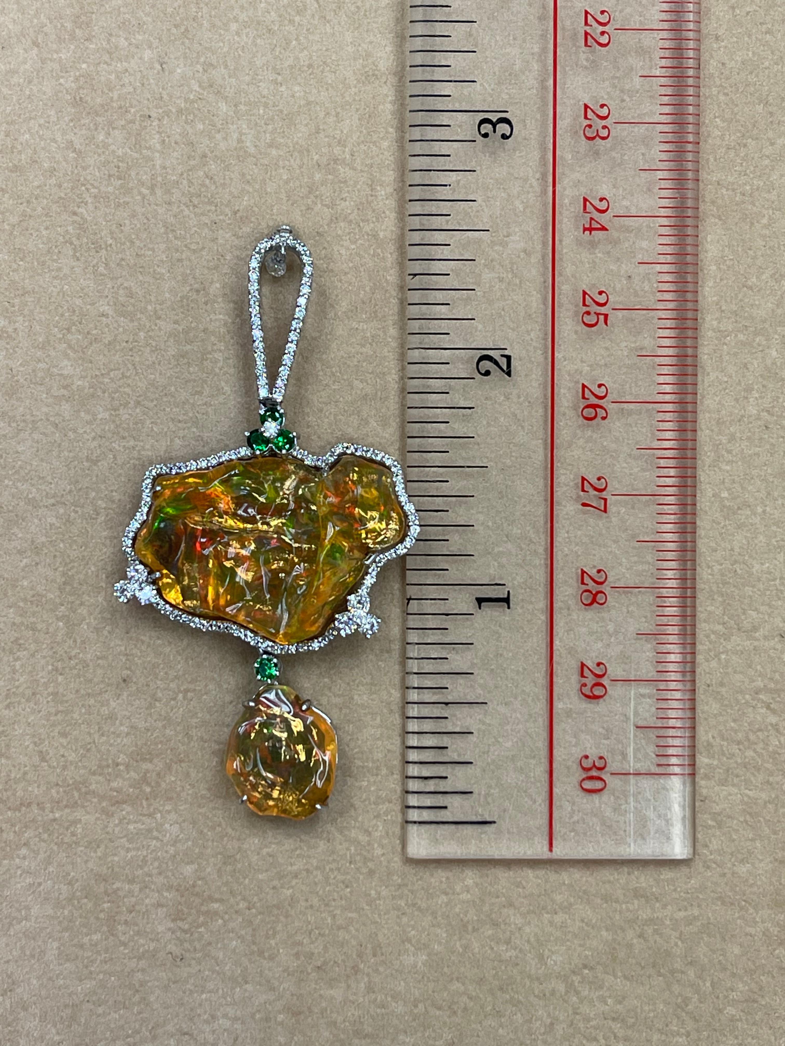 Certified Mexican Fire Opal, Tsavorites, & Diamond Pendant, Superb Play of Color For Sale 5