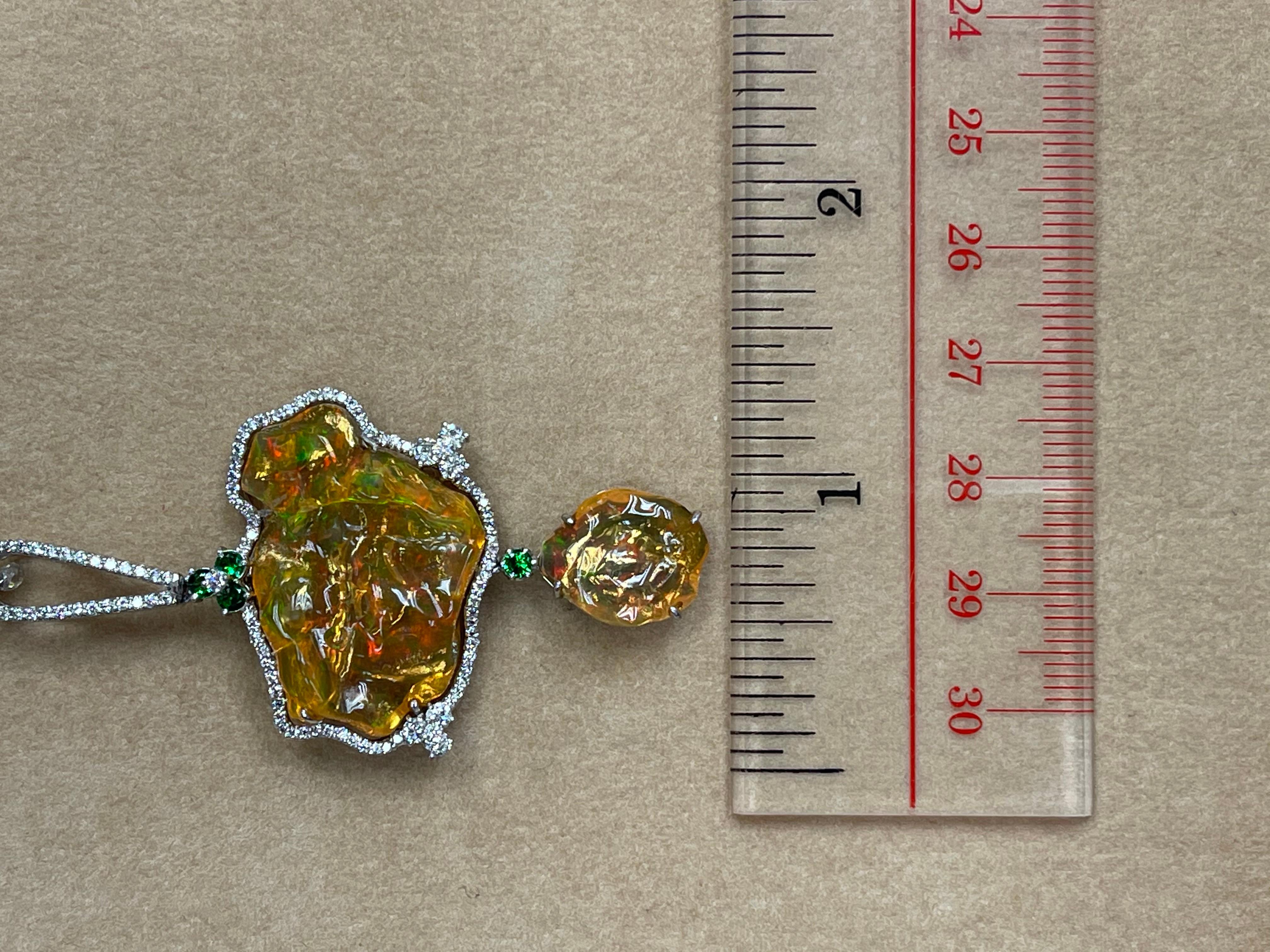 Certified Mexican Fire Opal, Tsavorites, & Diamond Pendant, Superb Play of Color For Sale 6