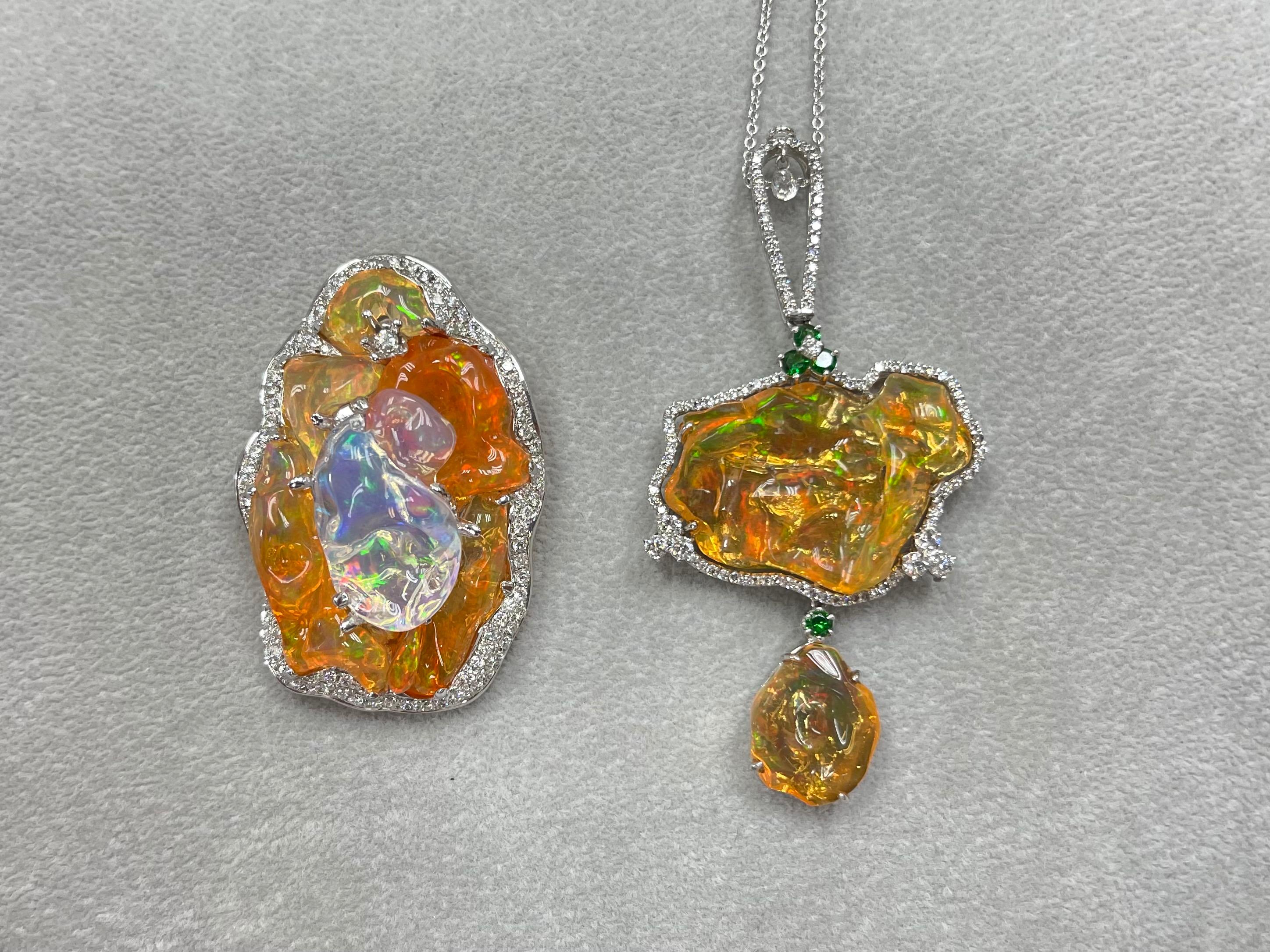 Certified Mexican Fire Opal, Tsavorites, & Diamond Pendant, Superb Play of Color For Sale 8