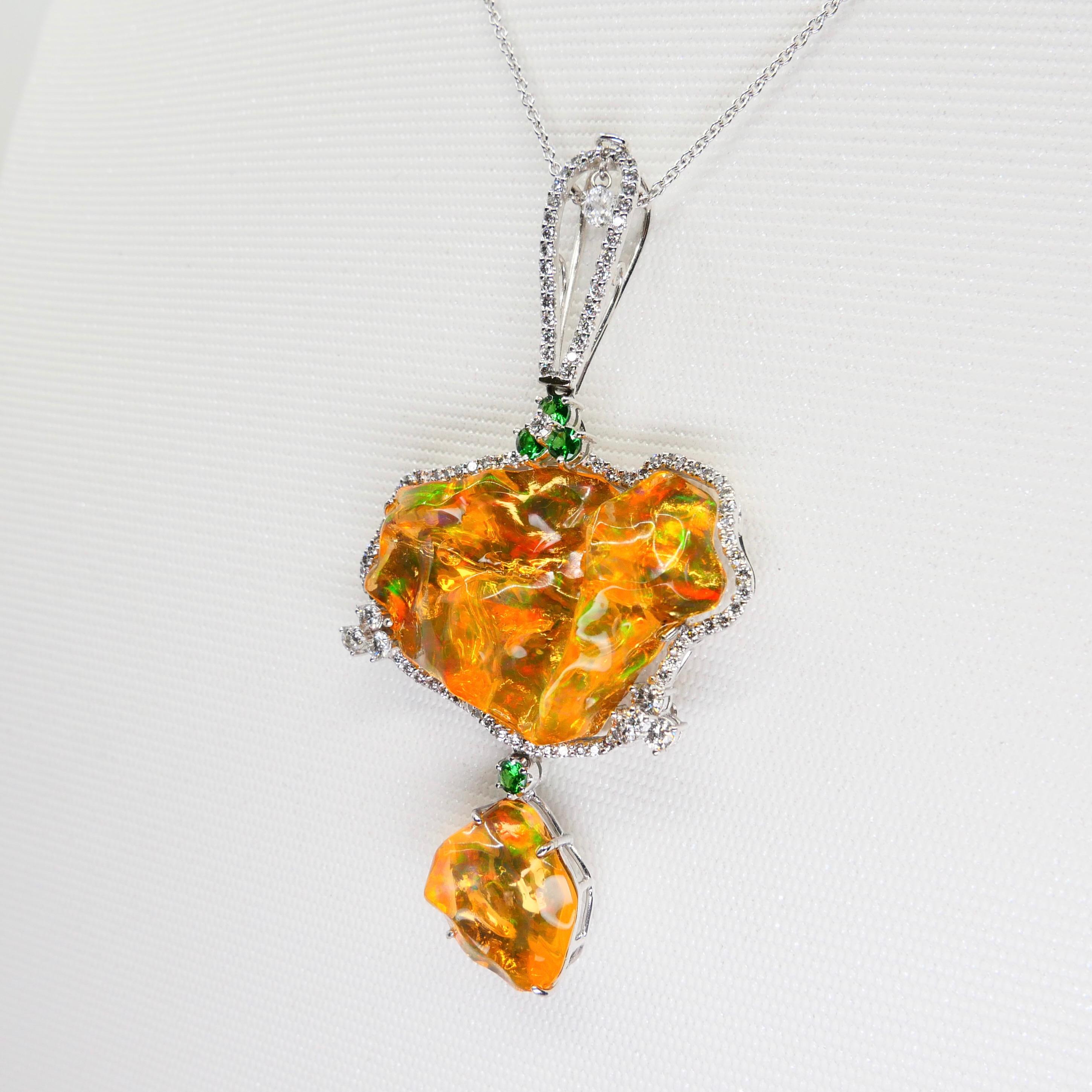 Certified Mexican Fire Opal, Tsavorites, & Diamond Pendant, Superb Play of Color In New Condition For Sale In Hong Kong, HK
