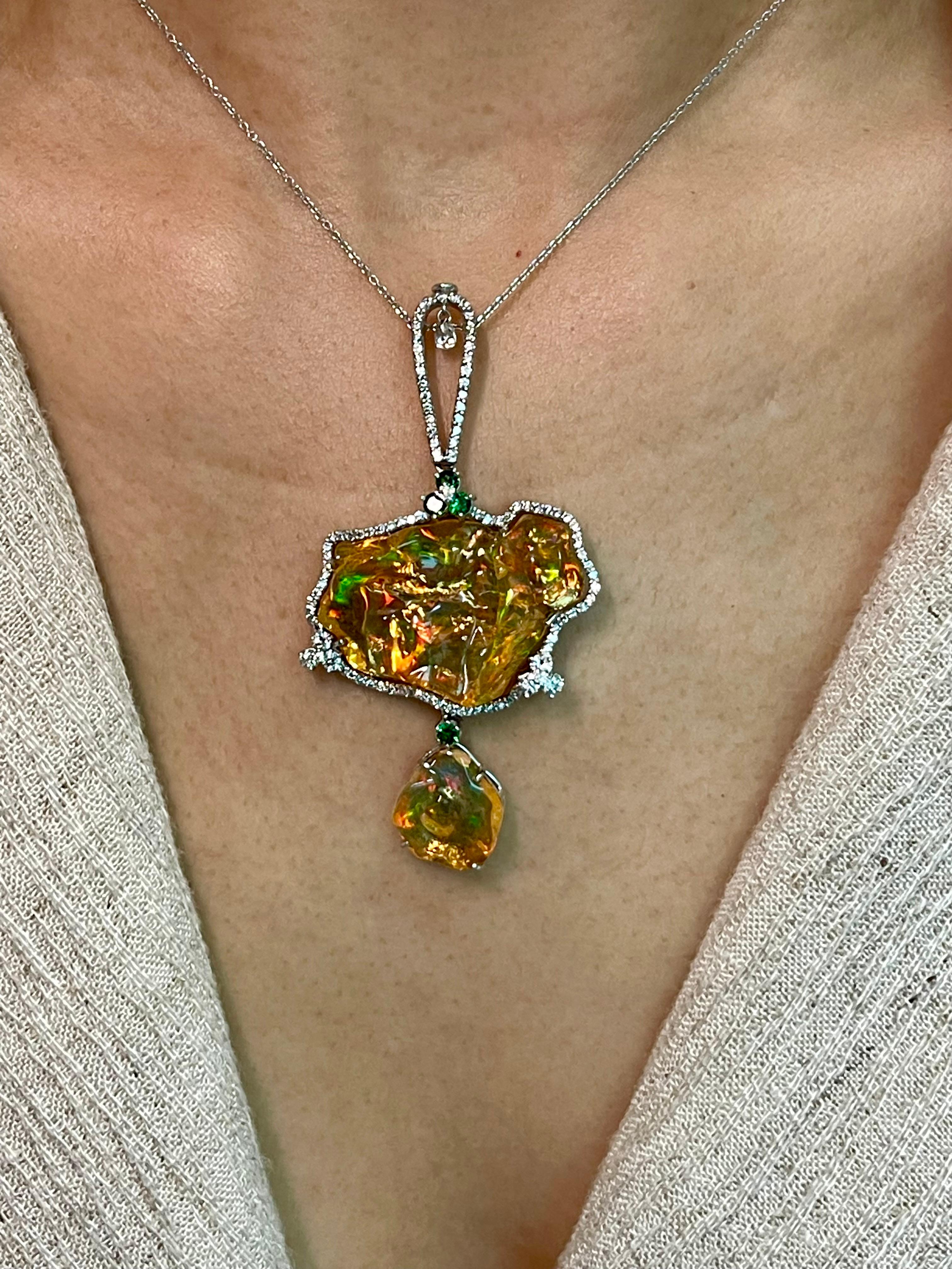 Women's Certified Mexican Fire Opal, Tsavorites, & Diamond Pendant, Superb Play of Color For Sale
