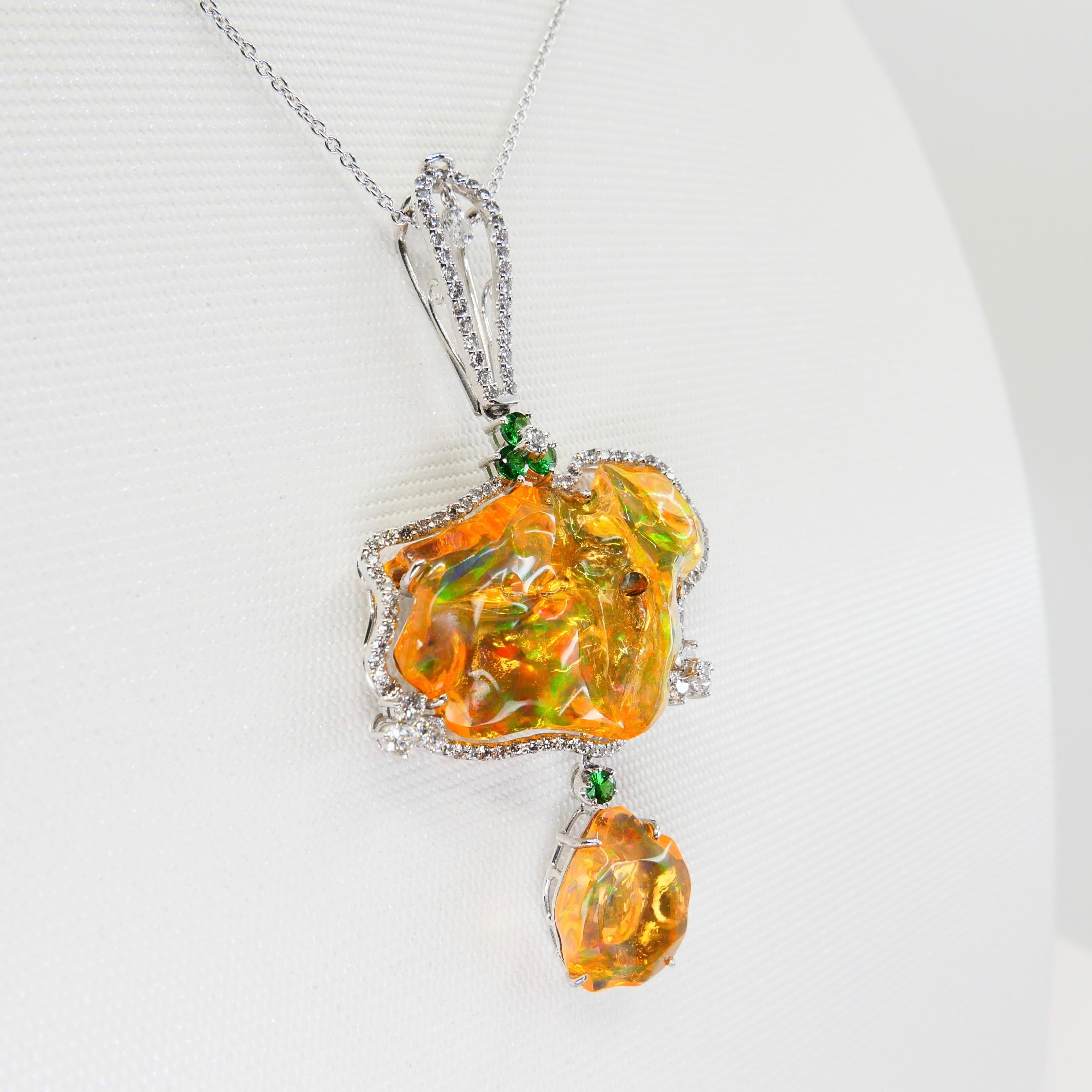 Certified Mexican Fire Opal, Tsavorites, & Diamond Pendant, Superb Play of Color For Sale 1