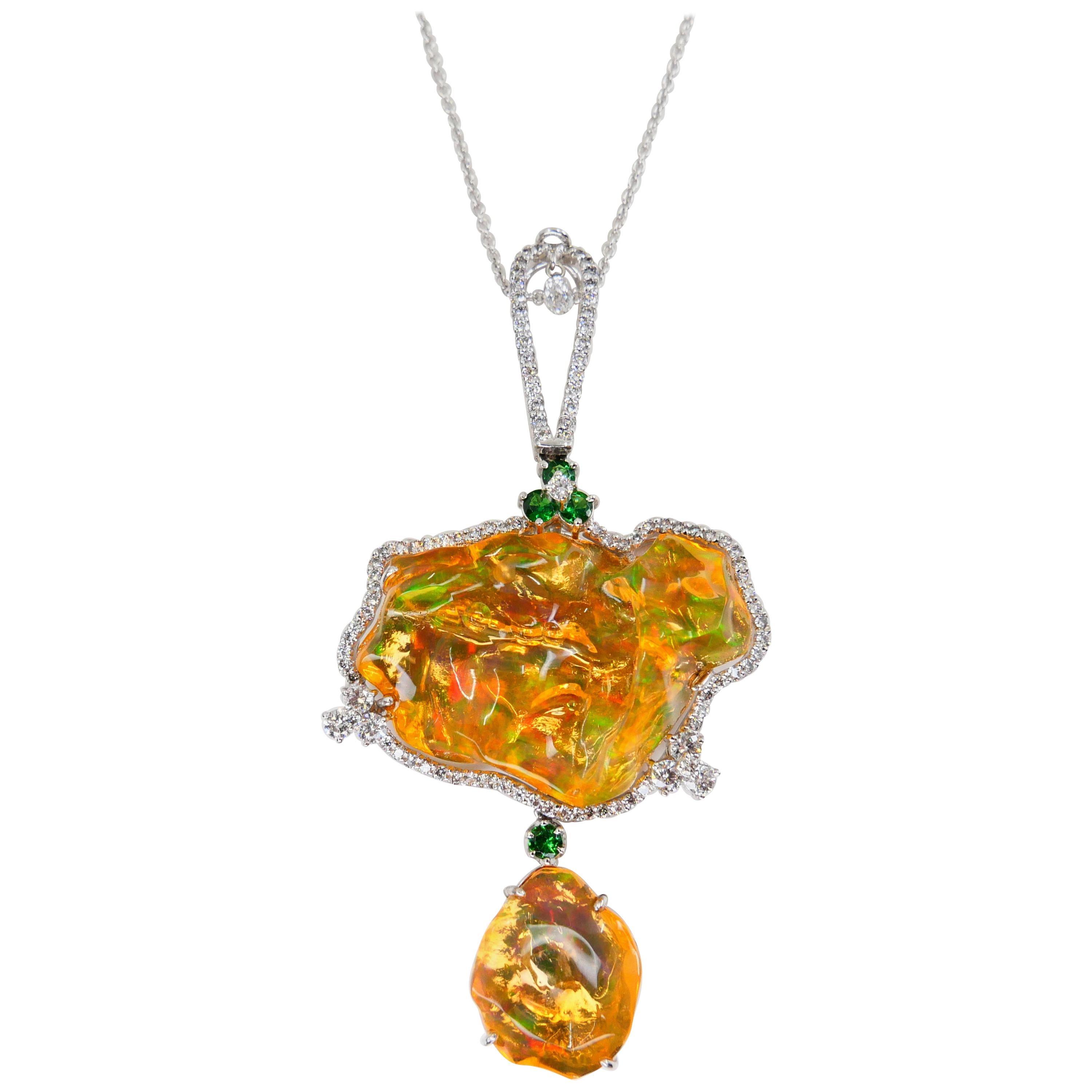 Certified Mexican Fire Opal, Tsavorites, & Diamond Pendant, Superb Play of Color