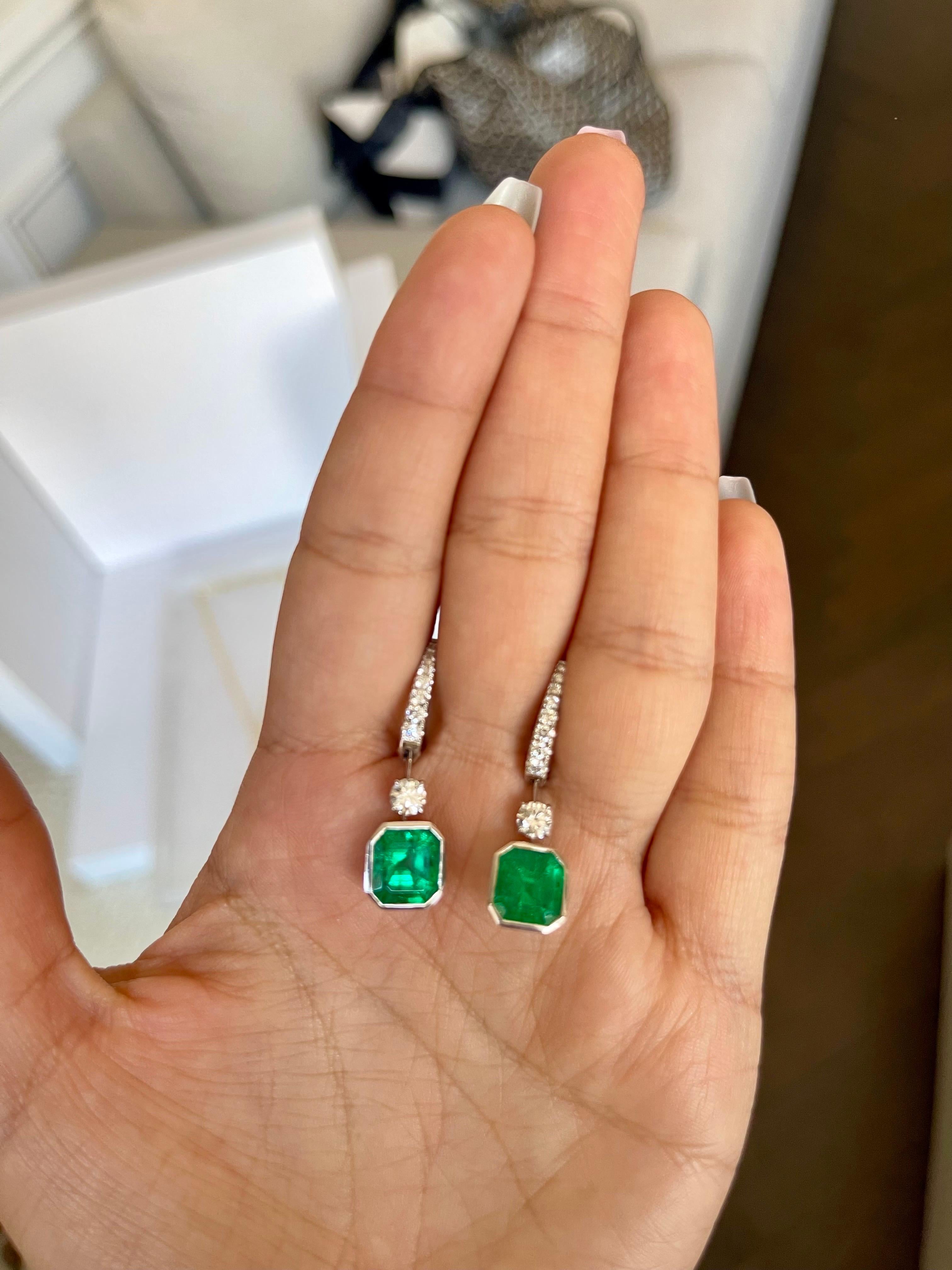 Women's or Men's Certified Mindi Mond Colombian Emerald Diamond Platinum Drop Earrings For Sale