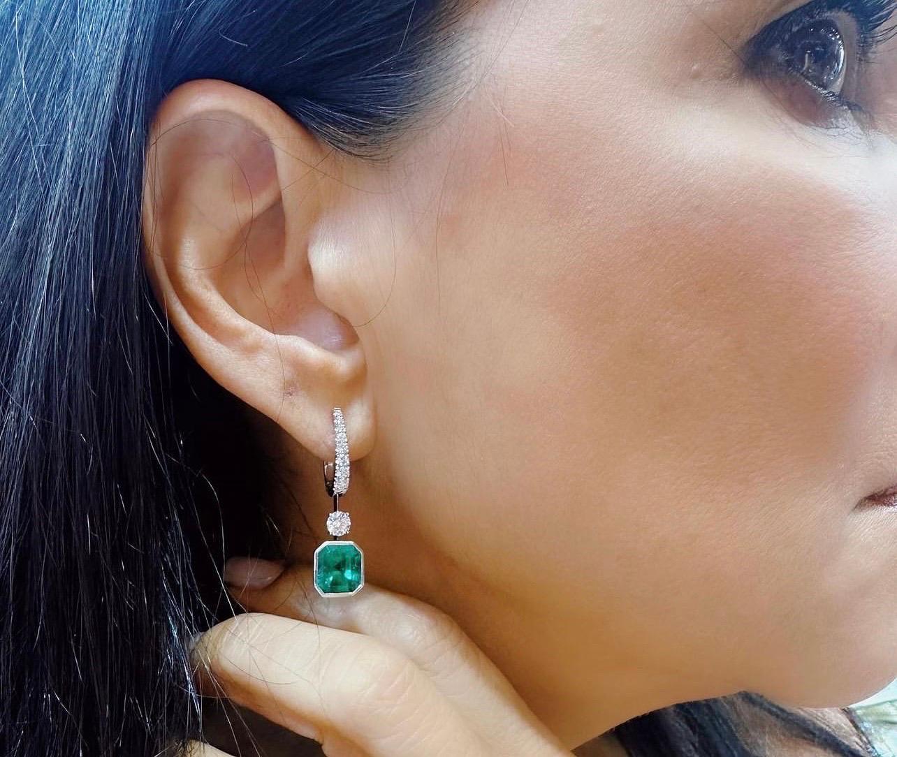 Certified Mindi Mond Colombian Emerald Diamond Platinum Drop Earrings For Sale 2