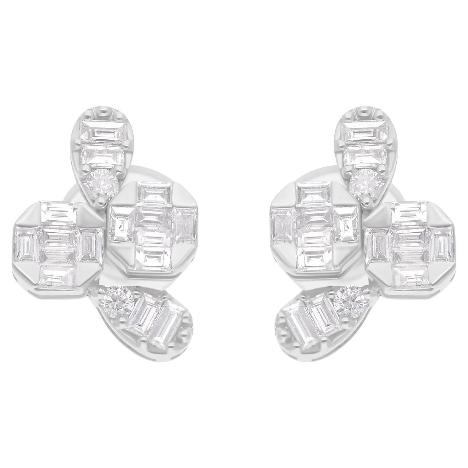 Certified Mixed Cut SI/H Diamond Cluster Stud Earrings 18 Karat White Gold For Sale