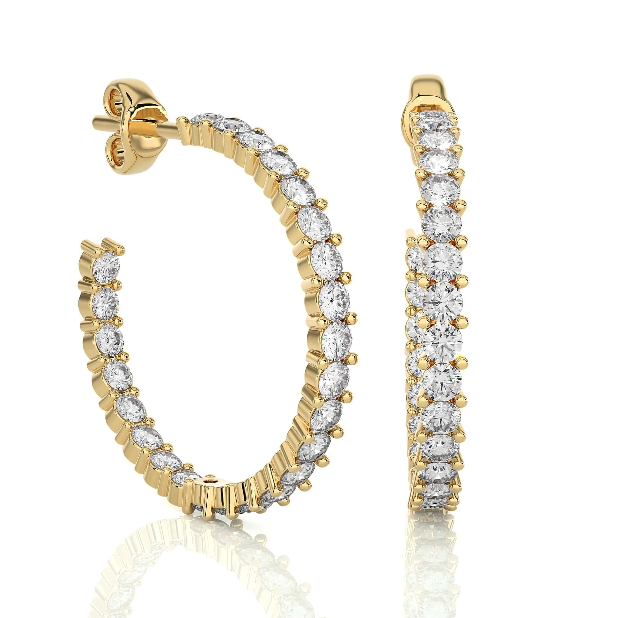 Round Cut Certified Moissanite C-Hoop Earrings Studded in 18k Solid Yellow Gold for Mom For Sale