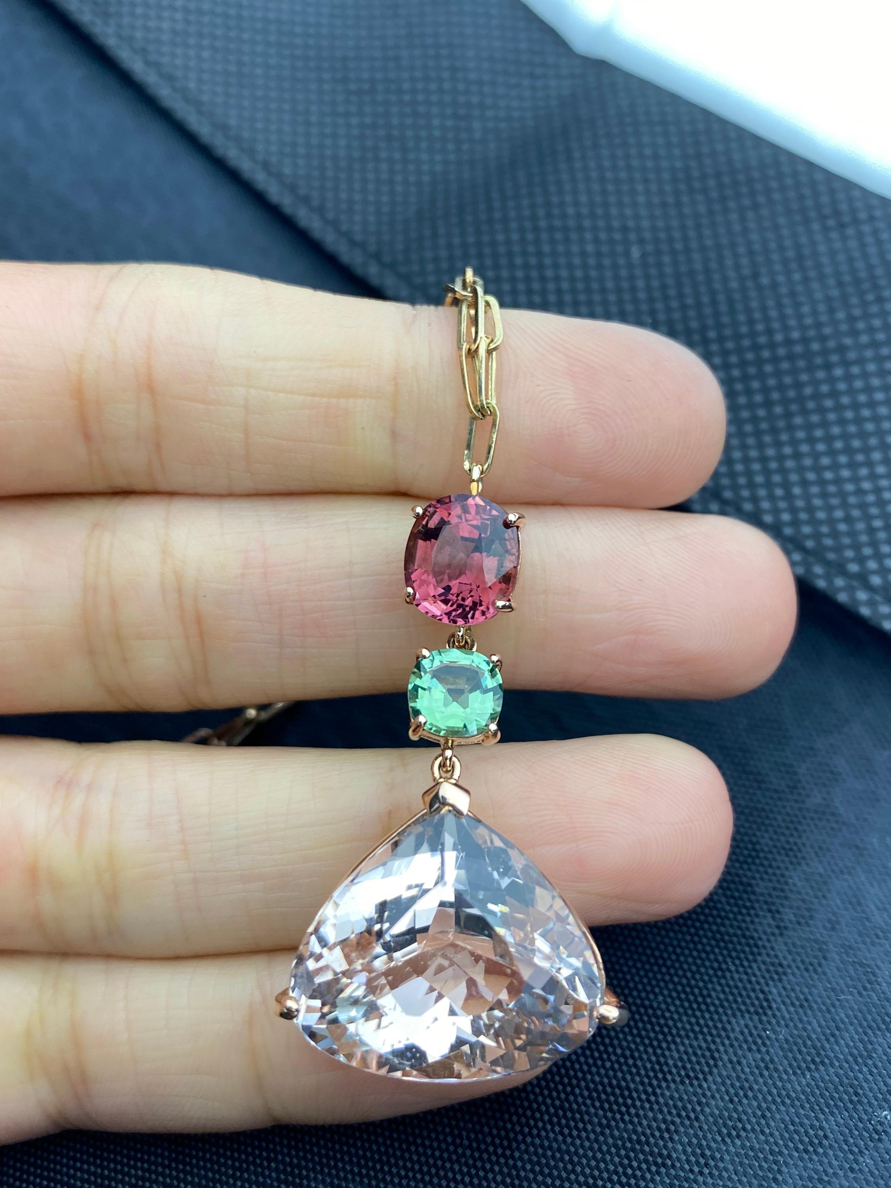 Modern Certified Morganite and Tourmaline Pendant Link Necklace For Sale