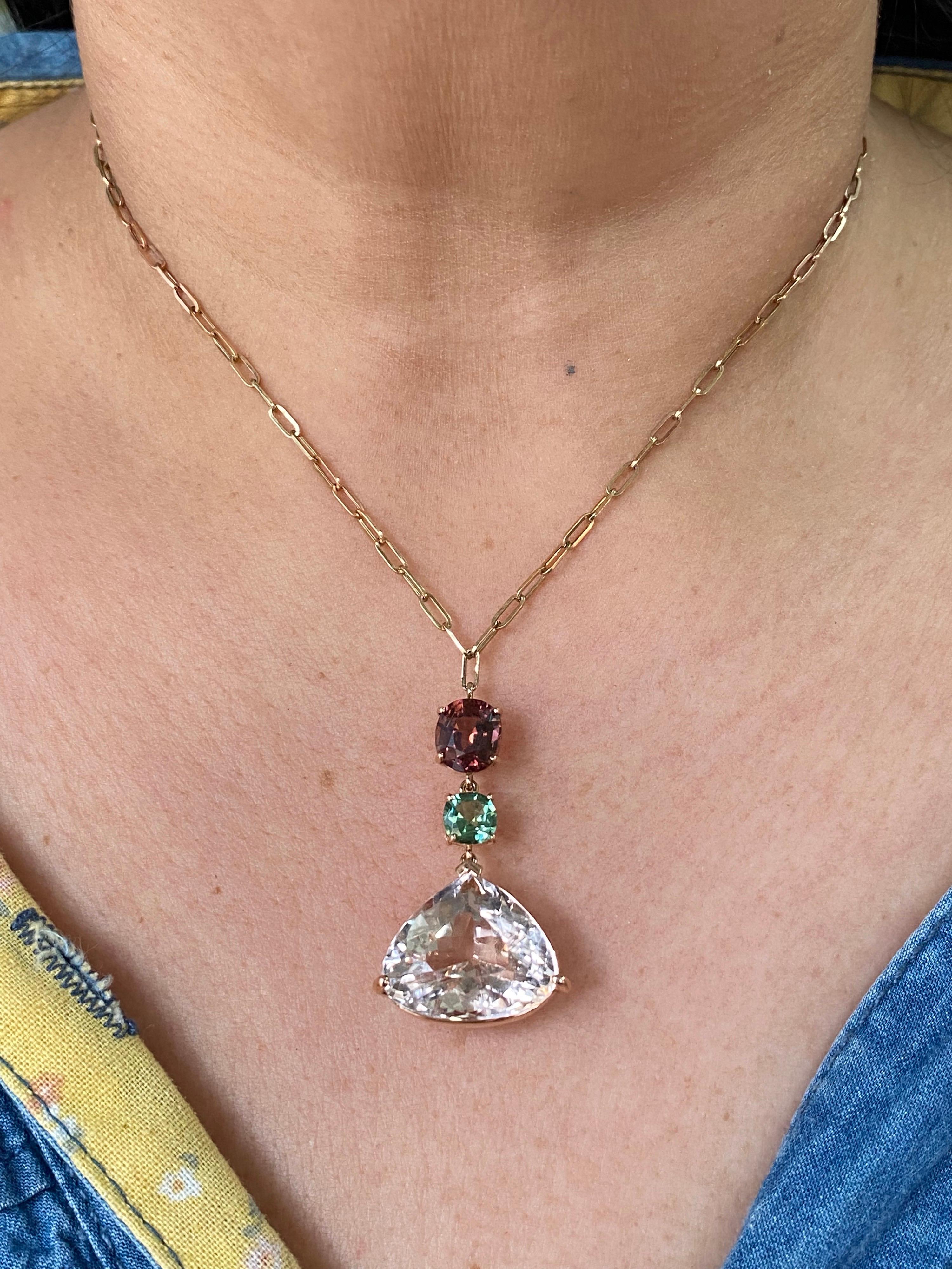 Certified Morganite and Tourmaline Pendant Link Necklace In New Condition For Sale In Bangkok, Thailand