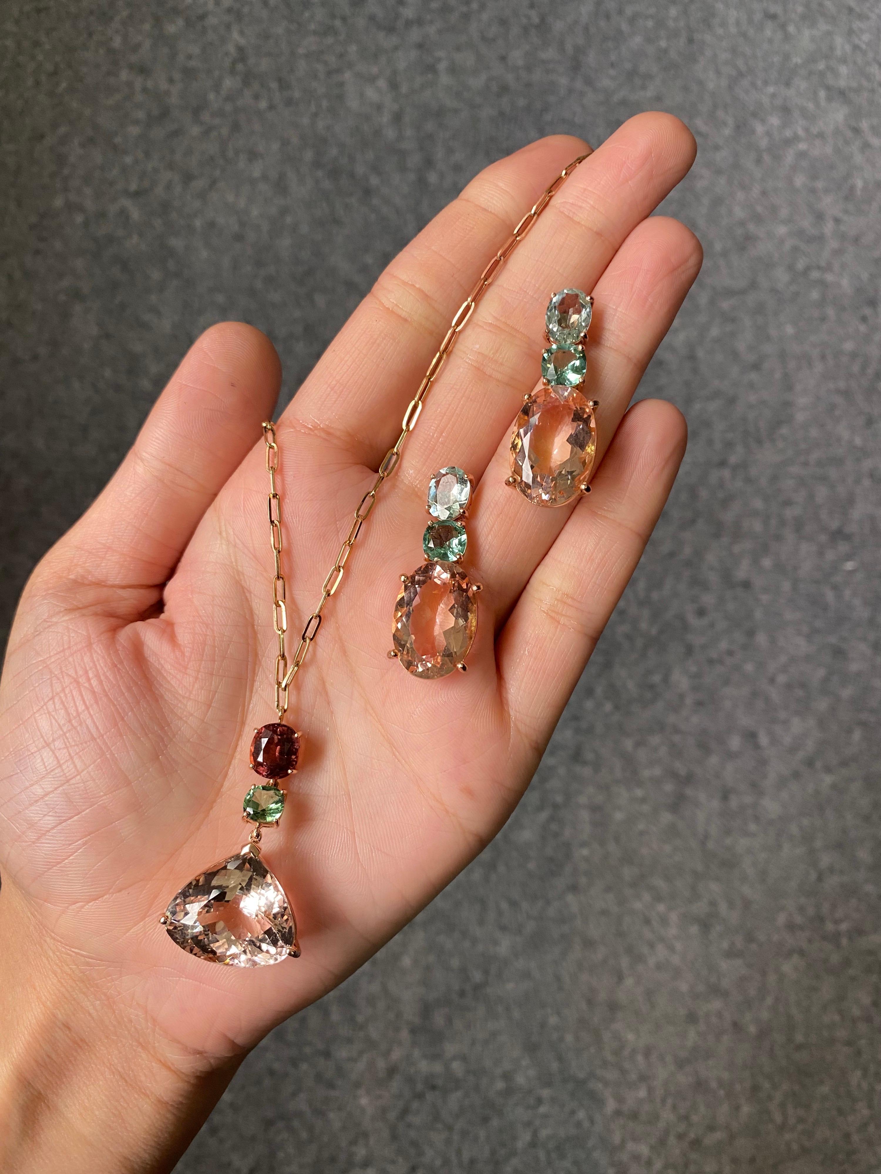 Women's Certified Morganite and Tourmaline Pendant Link Necklace For Sale