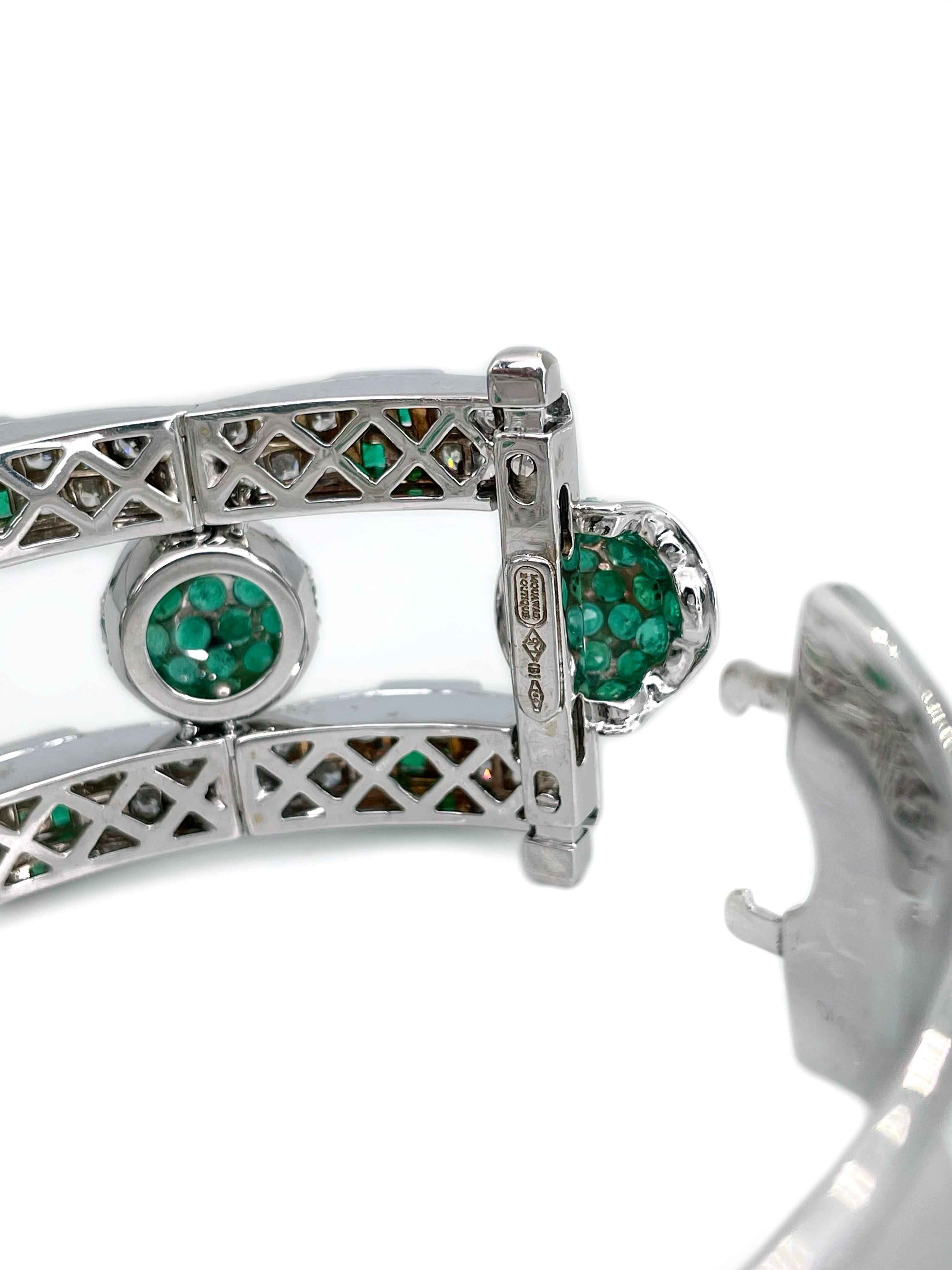 Modern Certified Mouawad 18 Karat Gold 11.20 Carat Emerald 6.37 Carat Diamond Bracelet For Sale