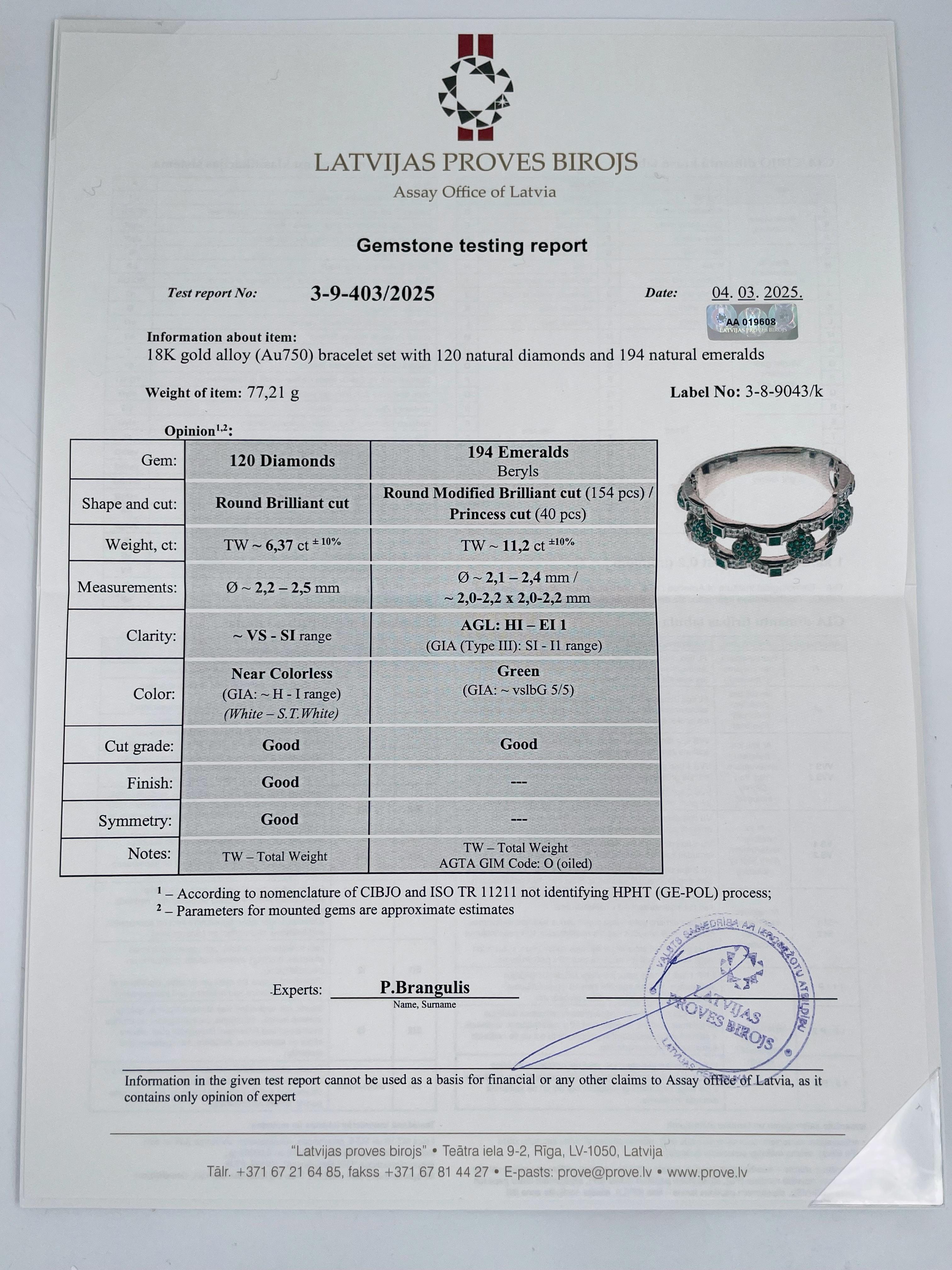 Certified Mouawad 18 Karat Gold 11.20 Carat Emerald 6.37 Carat Diamond Bracelet For Sale 3