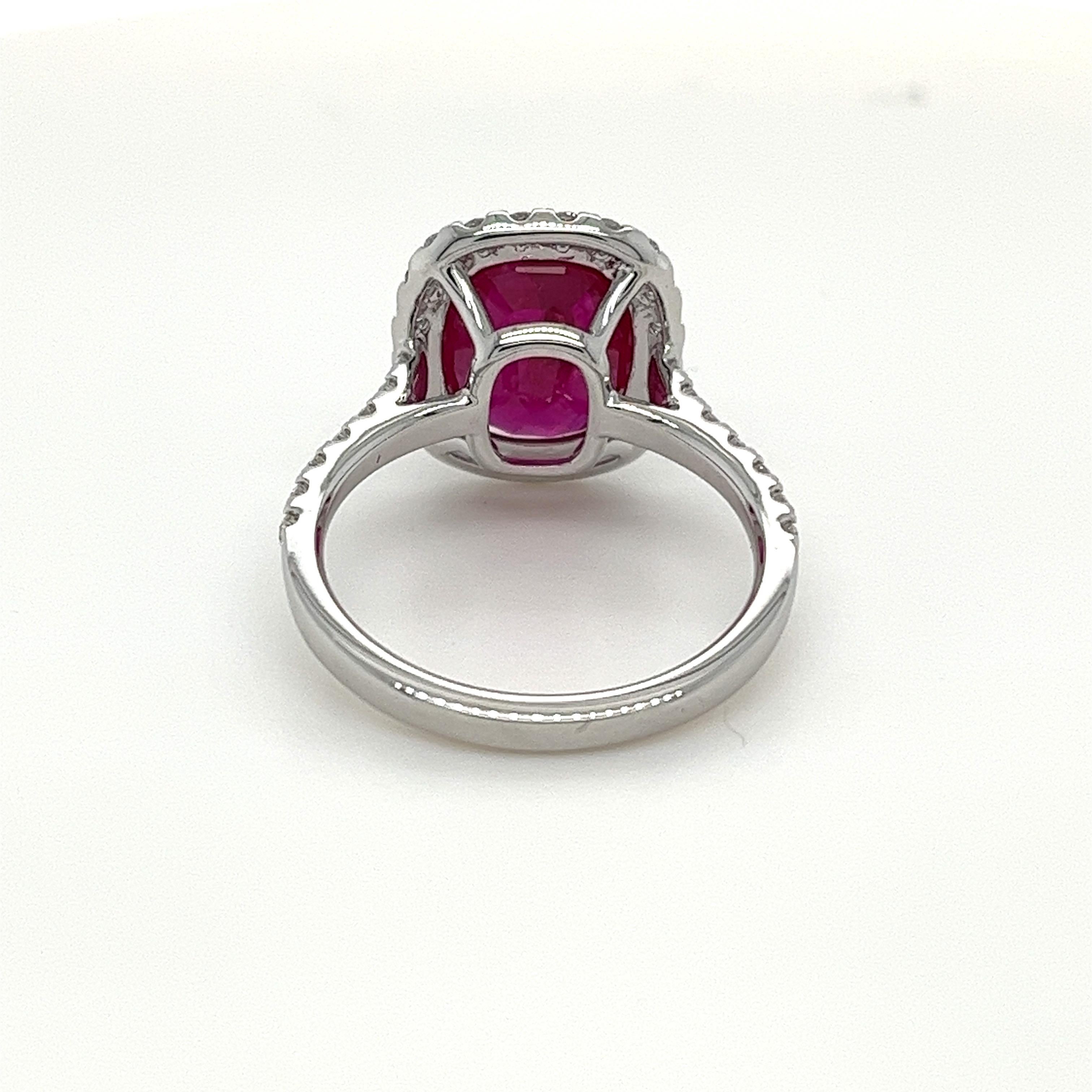Cushion Cut Certified Mozambique Ruby & Diamond Halo Ring in 18 Karat White Gold For Sale