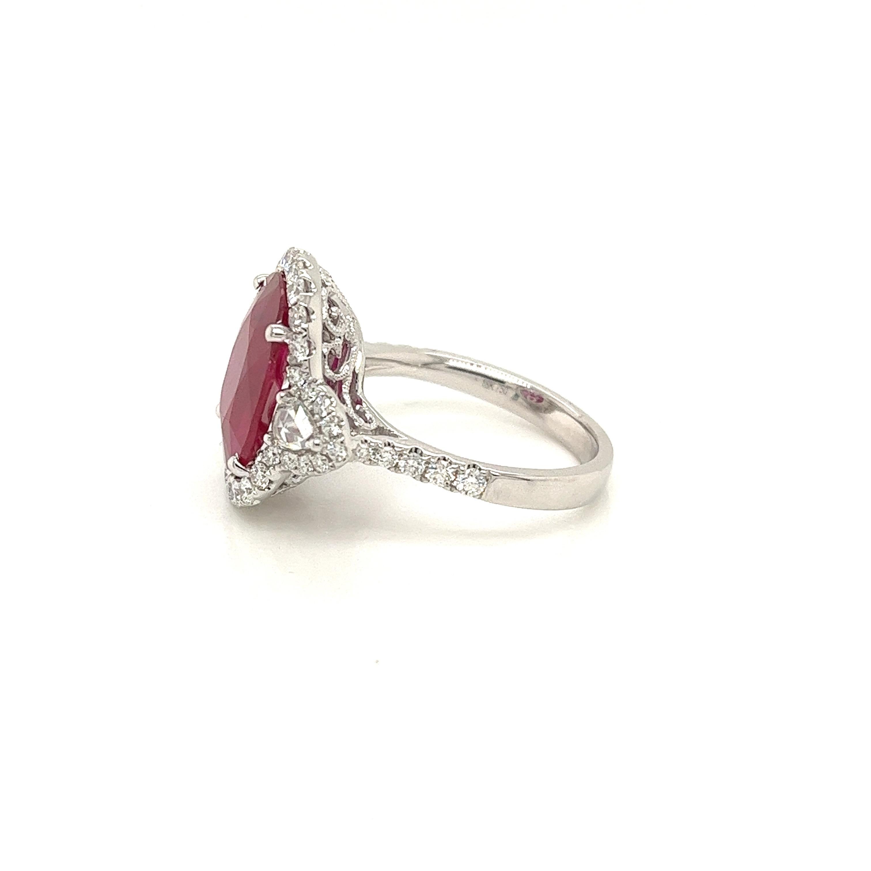 Modern Certified Mozambique Ruby & Diamond Ring in 18 Karat White Gold For Sale