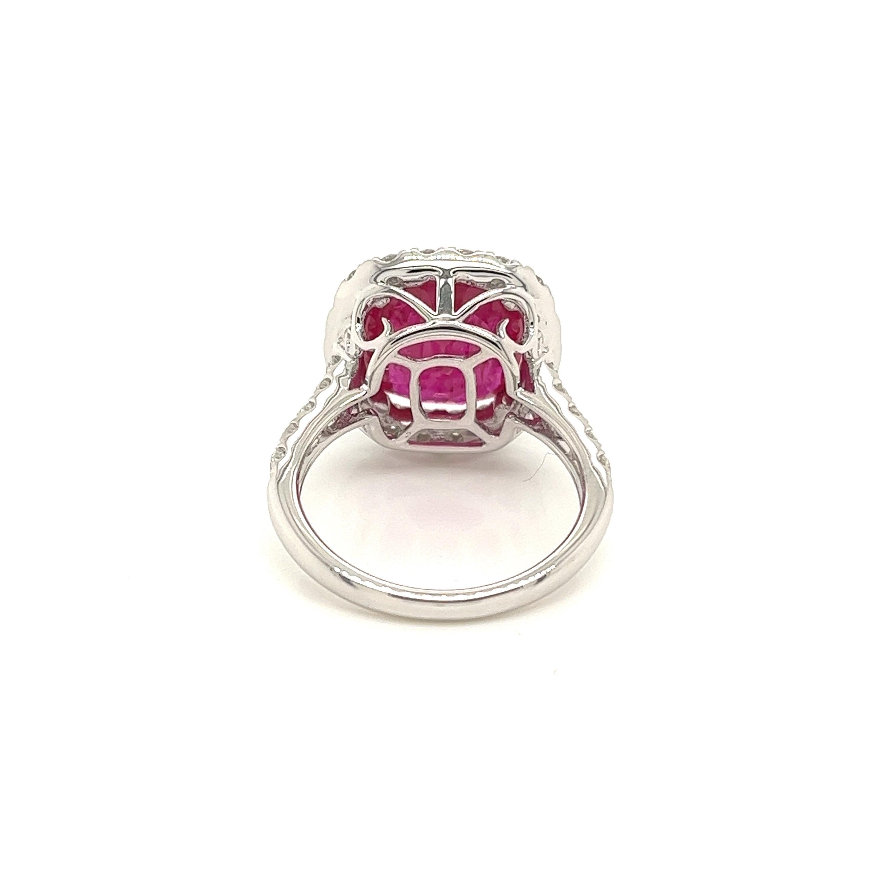 Cushion Cut Certified Mozambique Ruby & Diamond Ring in 18 Karat White Gold For Sale