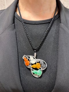 Certified Multi Color Jade Gourds & Diamond Pendant Necklace. Substantial!