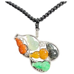 Certified Multi Color Jade Gourds & Diamond Pendant Necklace. Substantial!