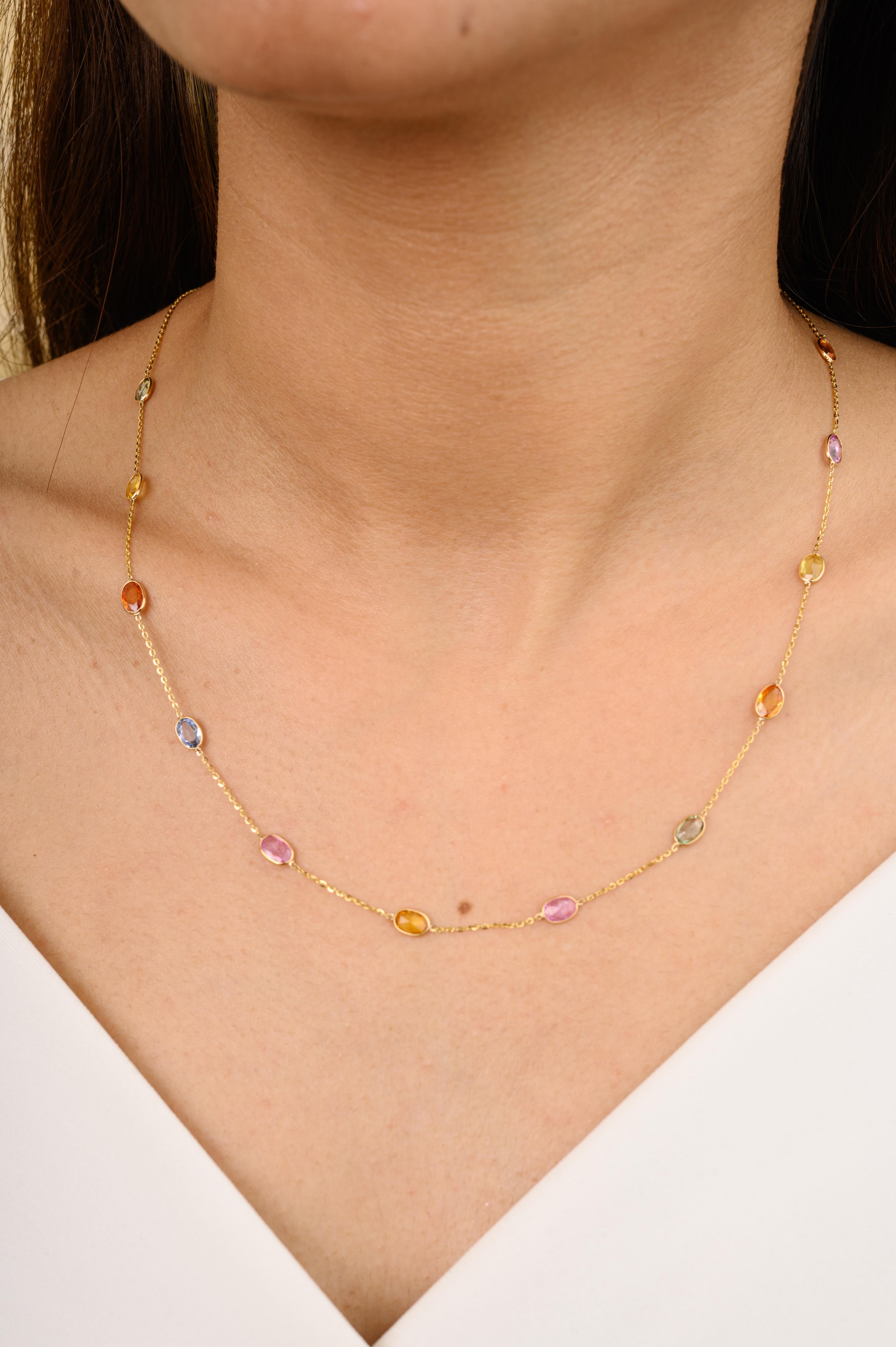 Women's Certified Multi Sapphire Station Chain Necklace for Women in 18k Yellow Gold For Sale