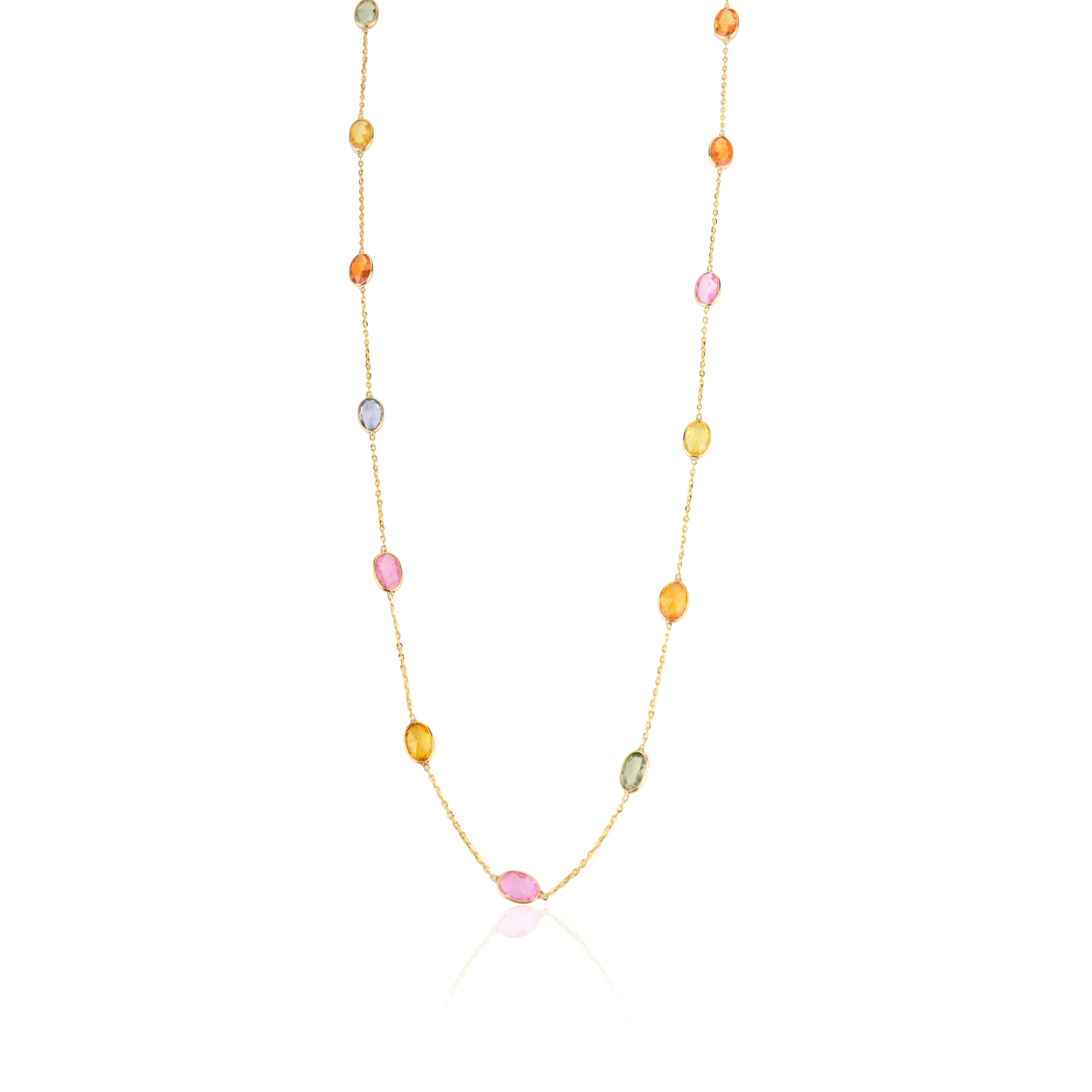Certified Multi Sapphire Station Chain Necklace for Women in 18k Yellow Gold For Sale 1