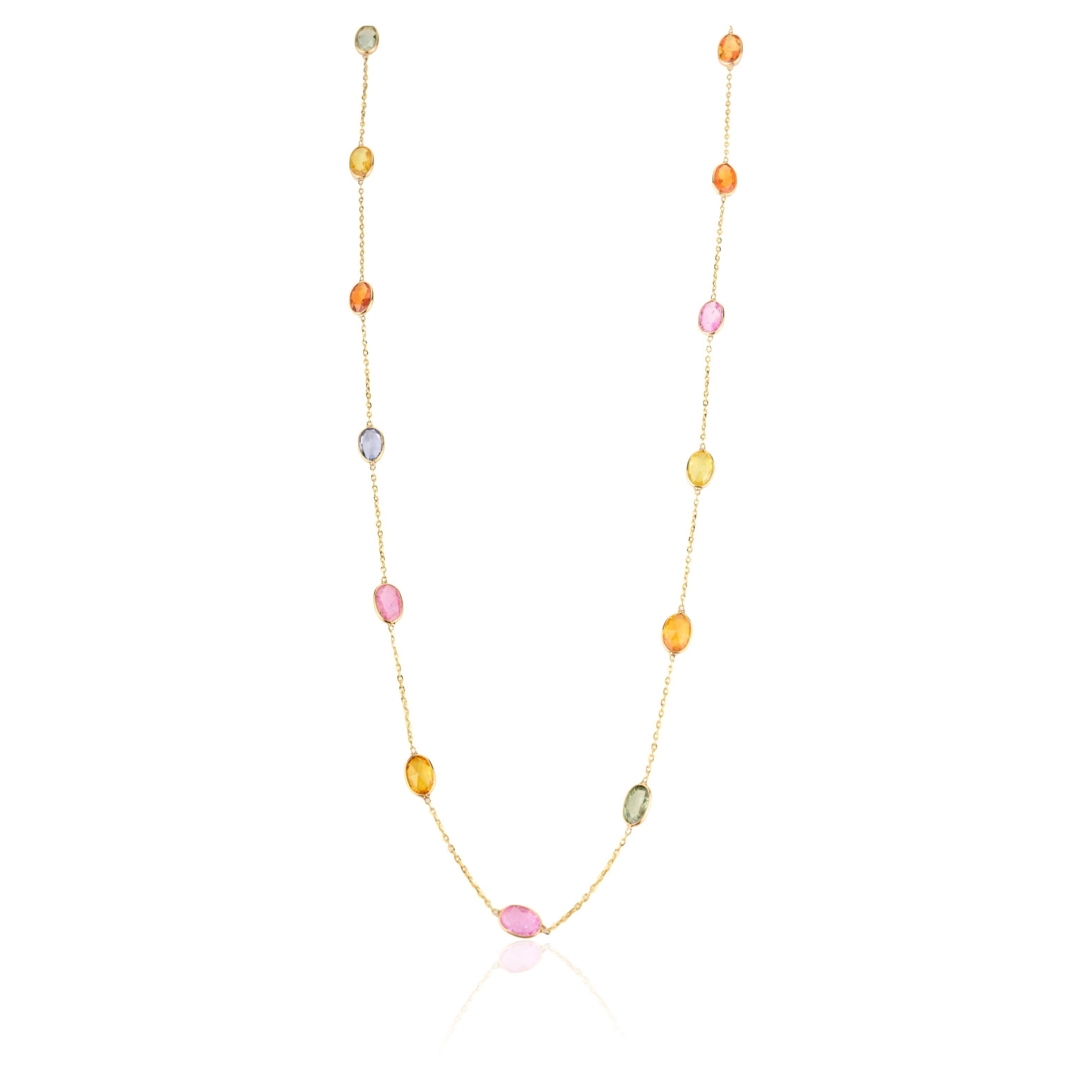 Certified Multi Sapphire Station Chain Necklace for Women in 18k Yellow Gold