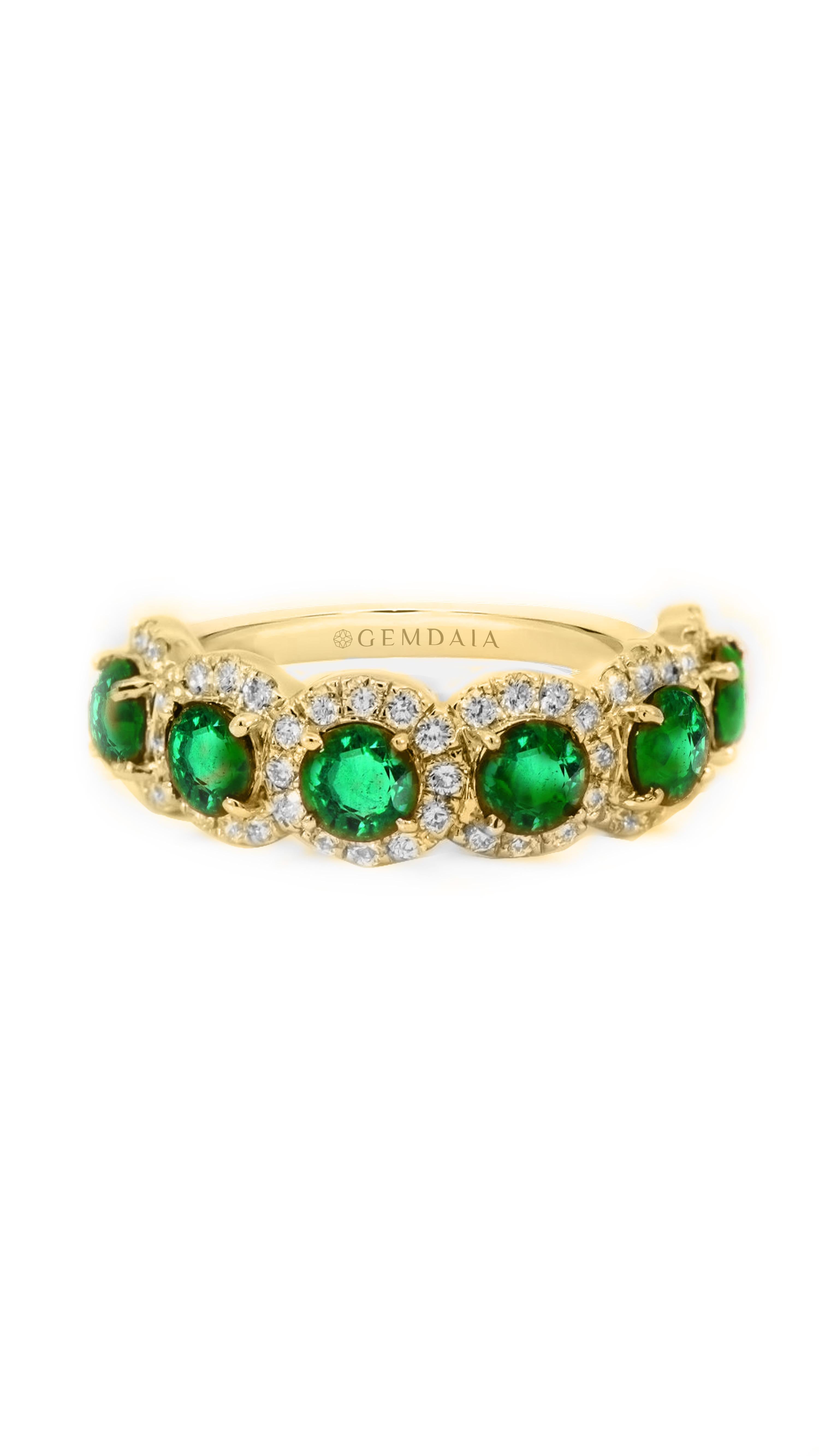 6 enchanting natural emeralds encircled by sparkling diamonds, meticulously crafted in solid gold. Refined elegance redefined.

Perfect for May celebrations, birthdays, or as a meaningful gift, this ring captures the essence of nature's beauty and