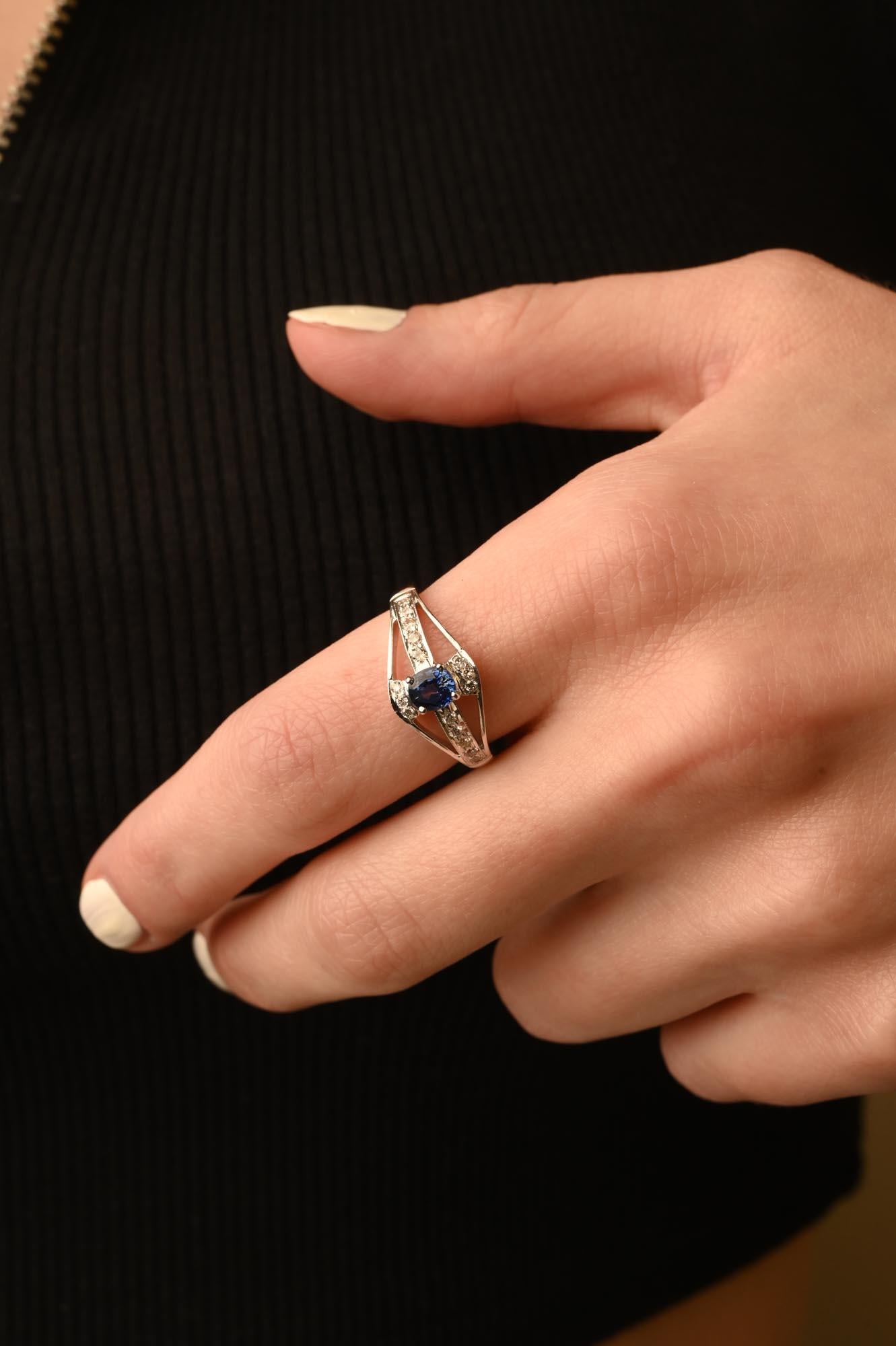 For Sale:  Elegant Diamond and Blue Sapphire Ring in 14k Solid White Gold  10