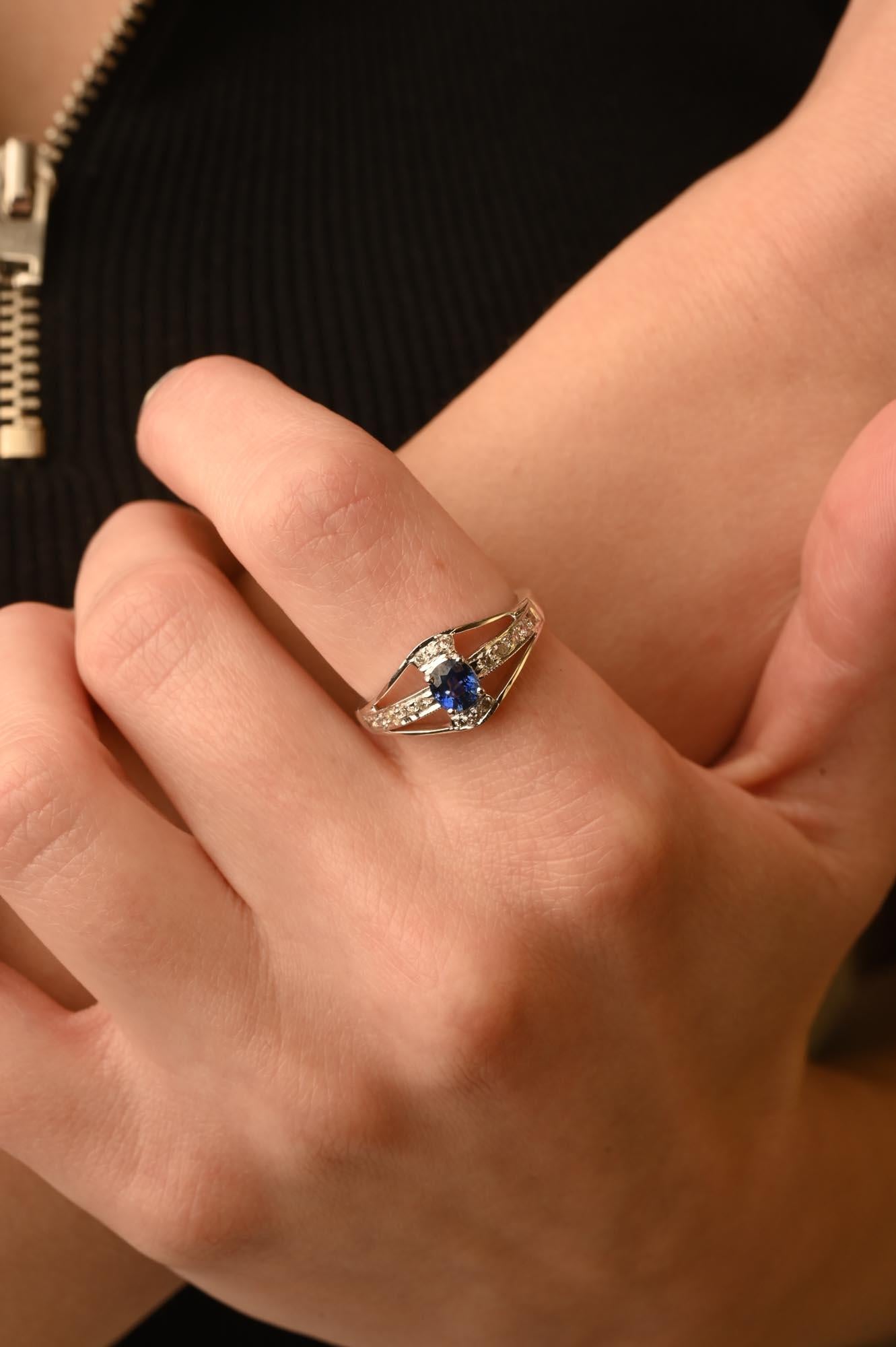 For Sale:  Elegant Diamond and Blue Sapphire Ring in 14k Solid White Gold  2