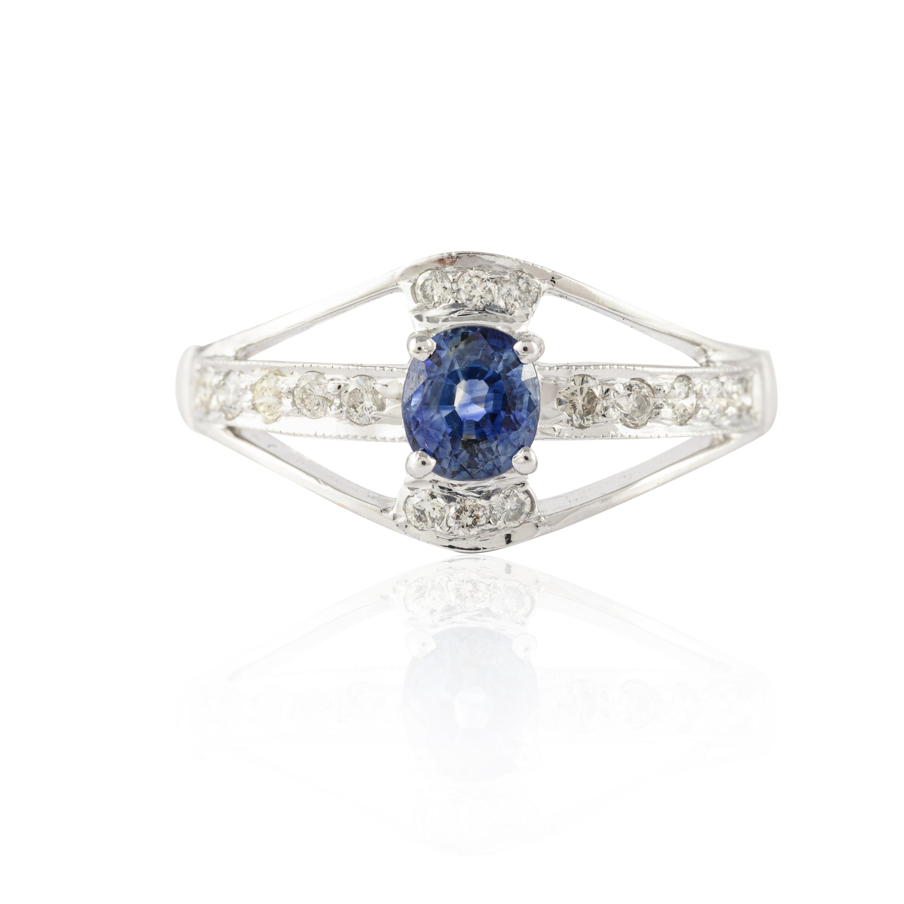 For Sale:  Elegant Diamond and Blue Sapphire Ring in 14k Solid White Gold  3