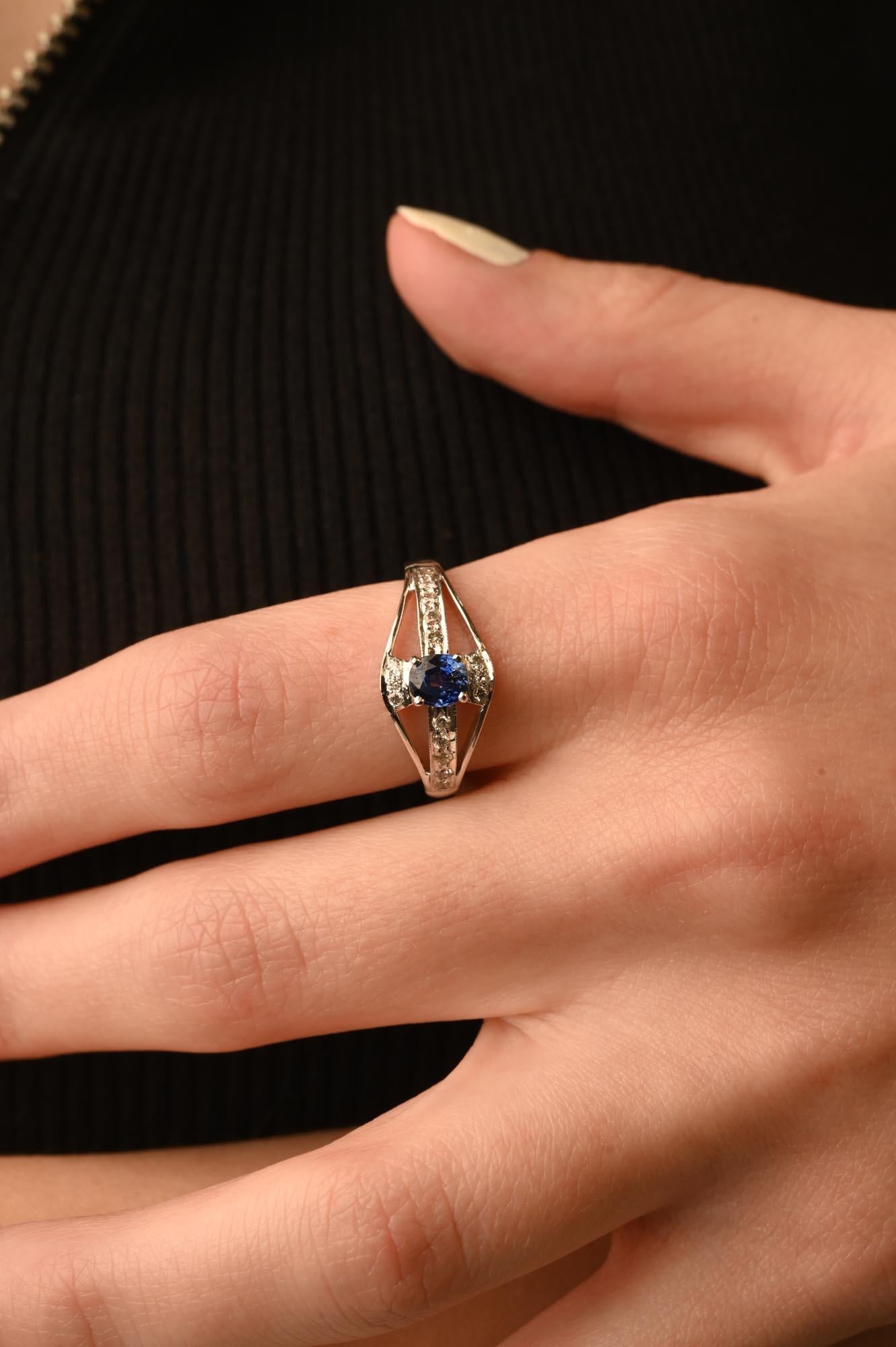 For Sale:  Elegant Diamond and Blue Sapphire Ring in 14k Solid White Gold  4