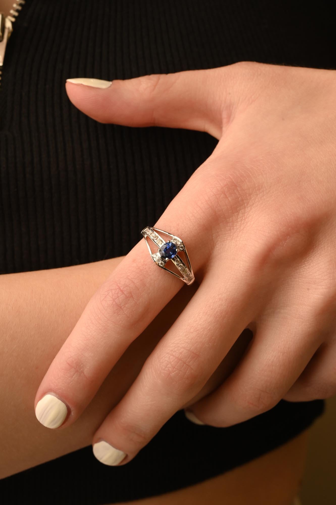 For Sale:  Elegant Diamond and Blue Sapphire Ring in 14k Solid White Gold  6