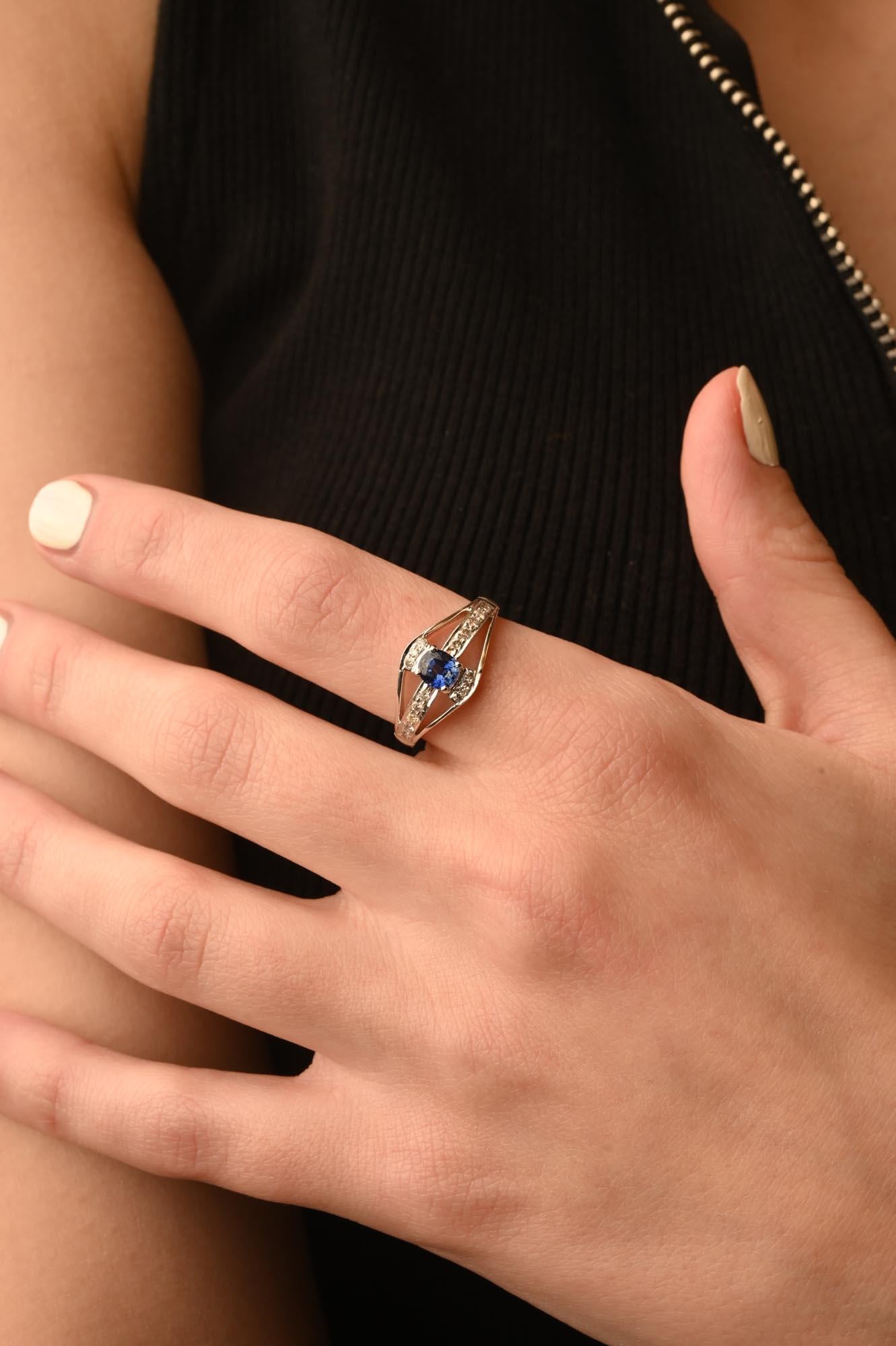 For Sale:  Elegant Diamond and Blue Sapphire Ring in 14k Solid White Gold  8